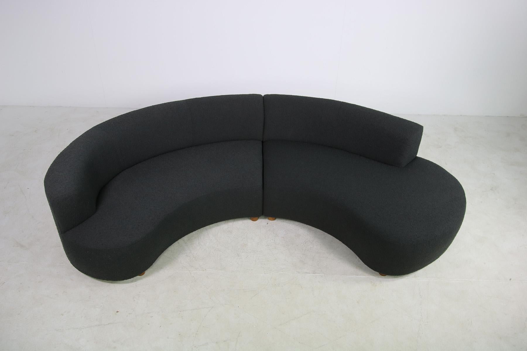 Beautiful modular curved sofa, solid pinewood legs, professionally upholstery, perfect condition, high quality Dedar fabric is soft to the touch and very sturdy, freestanding, perfect shape, super cozy and comfortable, sofa design attributed to the