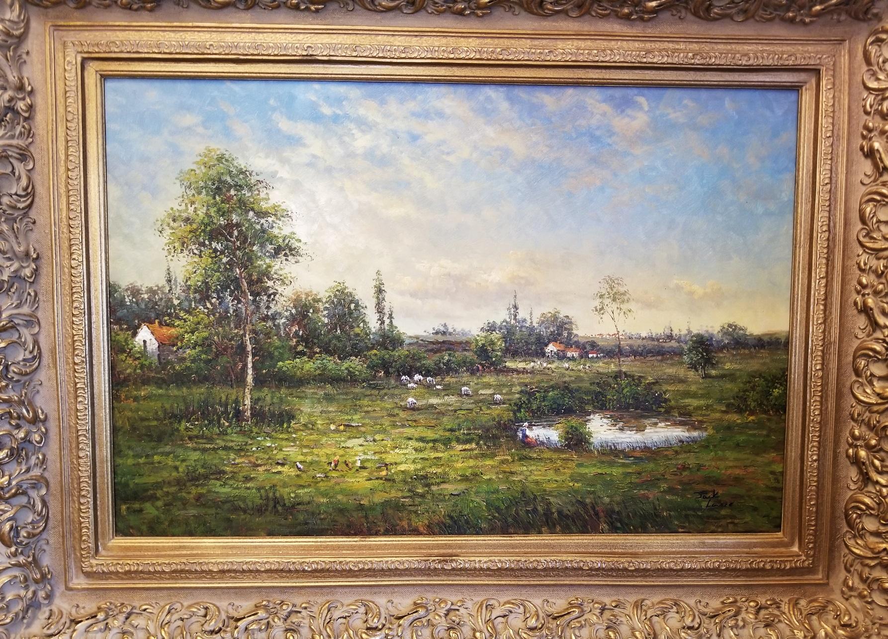 Presentamos un magnífico óleo sobre lienzo de gran tamaño original del siglo XX, obra de Jack Lanze.

Se trata de un hermoso cuadro de paisaje expresionista al estilo de la Escuela Holandesa o Francesa. La escena pastoral o paisaje tiene un