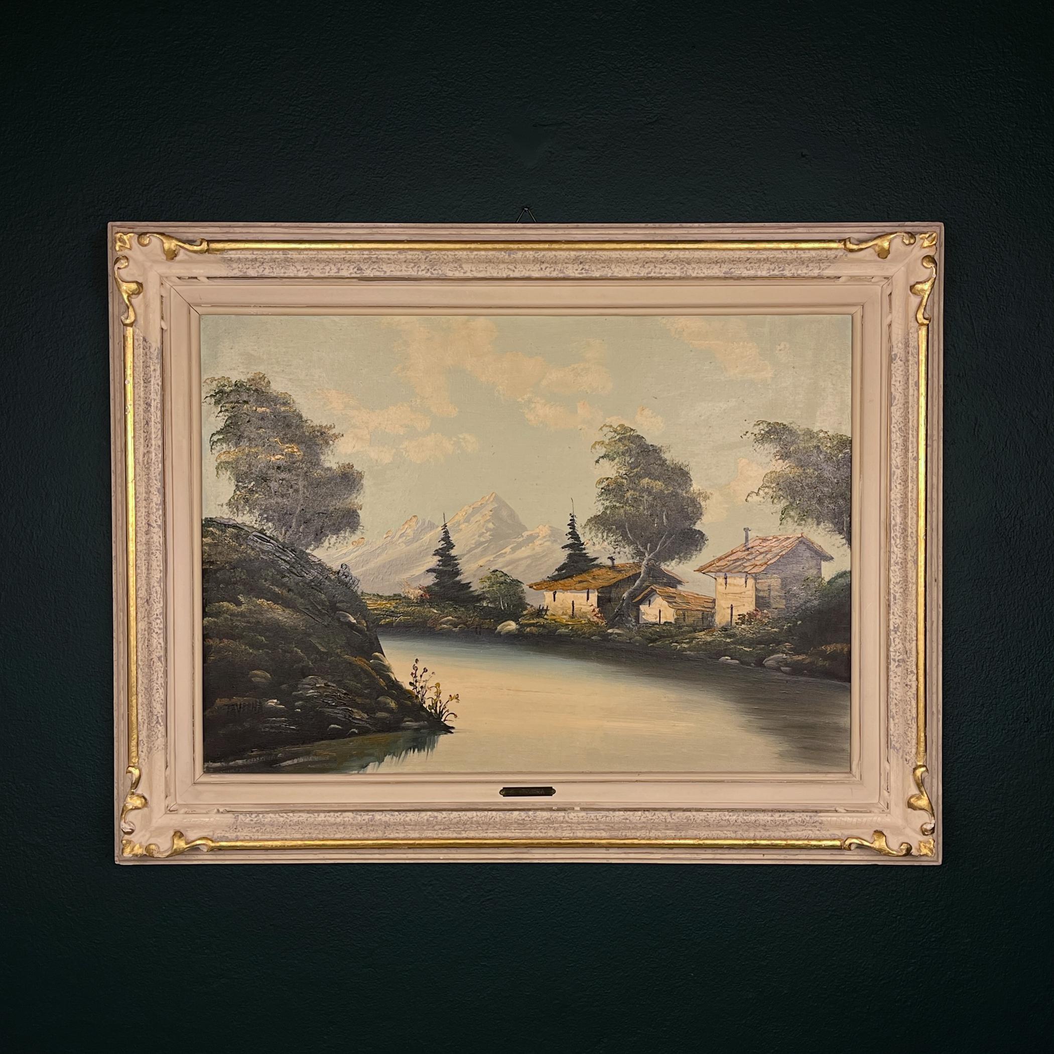 Antikes großes Ölgemälde Landschaft von Gaudenz Taverna (1814-1878), Schweizer, 19. Jahrhundert.

Das Kunstwerk ist in einem sehr guten Vintage-Zustand. Es gibt eine Unterschrift des Autors.

Abmessungen:
Breite: 88 cm / 35 Zoll
Höhe: 68 cm / 27