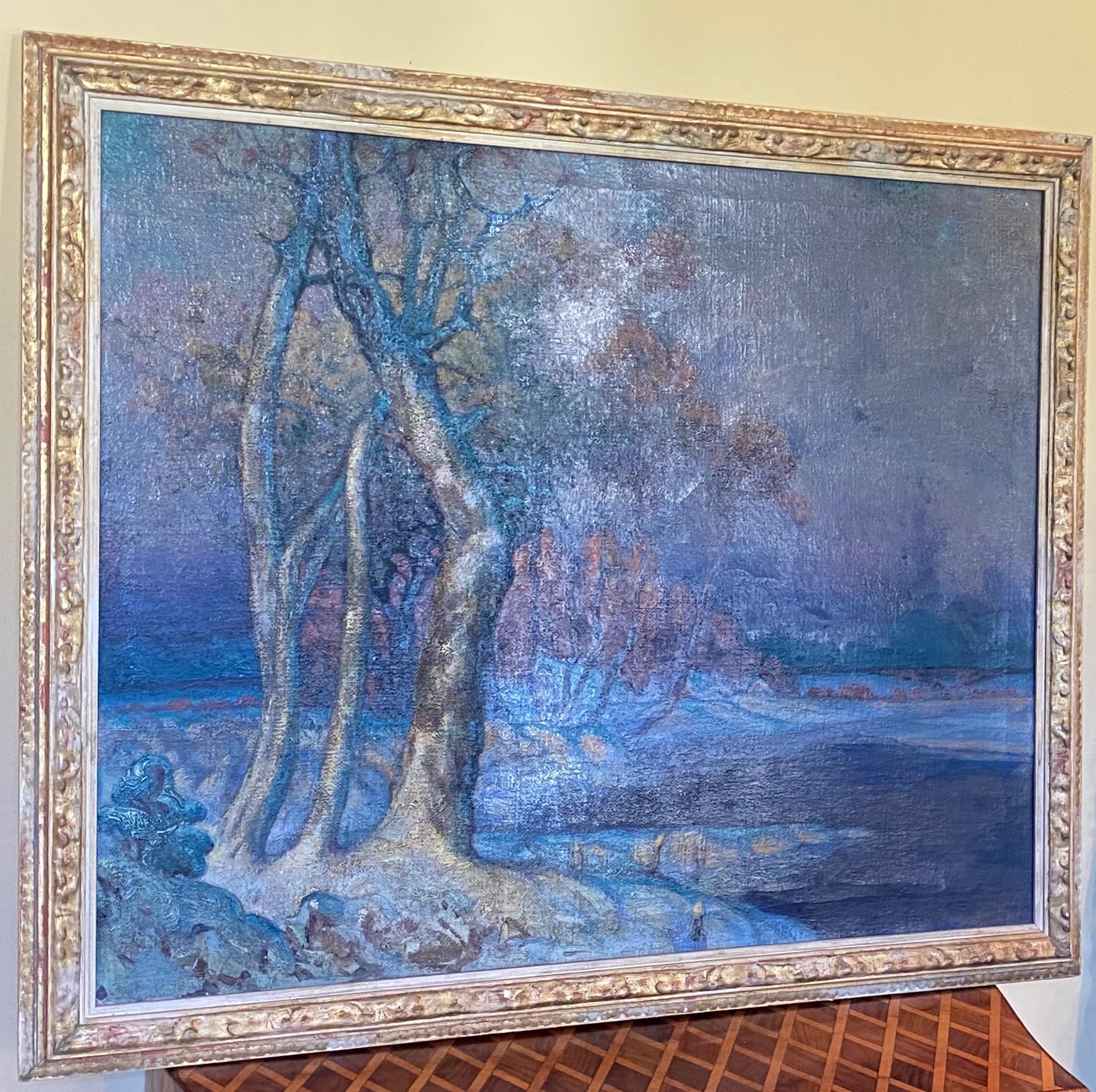 Large nocturnal winter landscape painting by California artist Peter ILYIN.
Framed oil on canvas titled 'First Snow'. This painting hung in the Bohemian Club in San Francisco, and retains original artist label and info on the back.
Early 20th