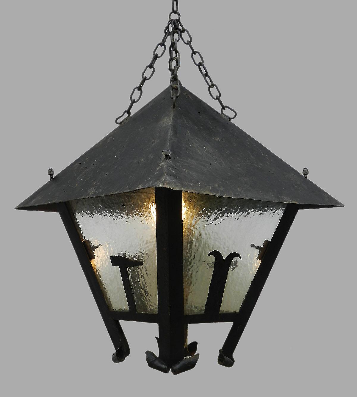 Large Lantern Outdoor Light French Arts & Crafts Iron Glass Exterior Porch In Good Condition In Mimizan, FR