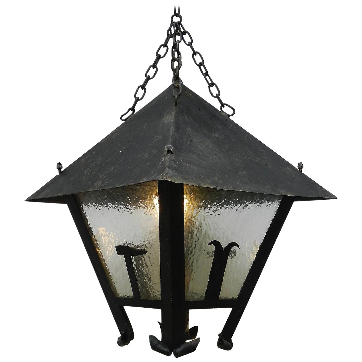 Large Lantern Outdoor Light French Arts & Crafts Iron Glass Exterior Porch