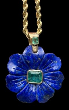 FLORA Pendentif, lapis, émeraudes et or 14k