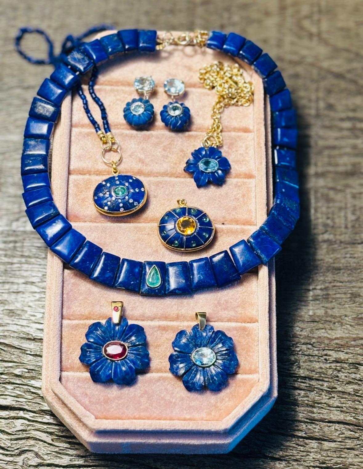 Large Lapis Flower Pendant with center Ruby and Custom Ruby Bail, all 14k Gold For Sale 5