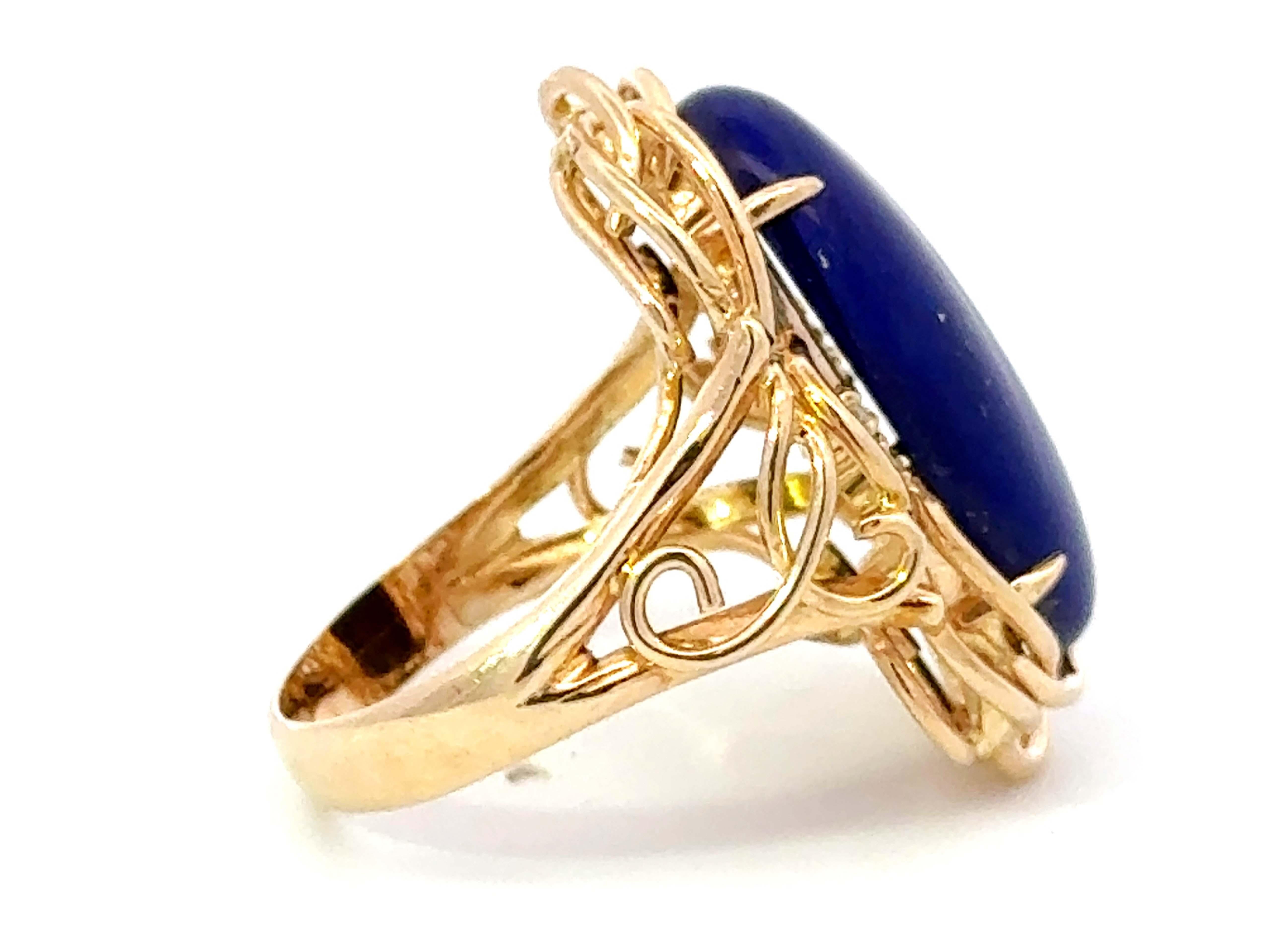 Large Lapis Lazuli Diamond Cocktail Ring 14k Yellow Gold In Excellent Condition For Sale In Honolulu, HI