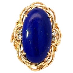 Gran Anillo Cóctel Lapislázuli Diamante Oro Amarillo 14k