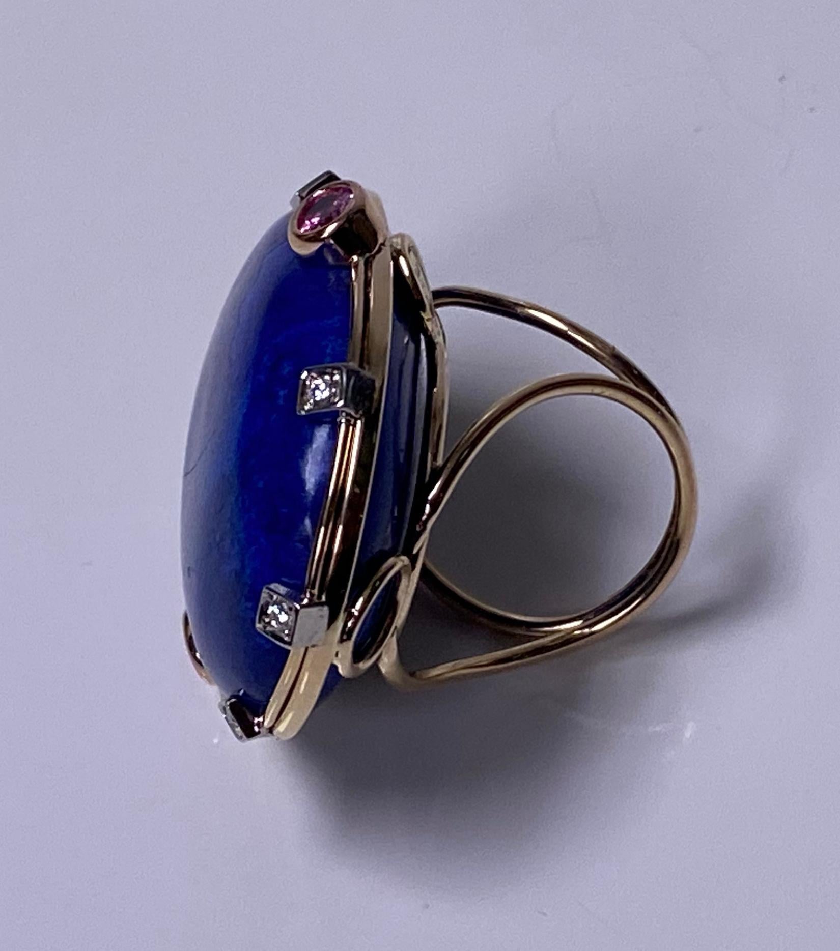 Cabochon Large Lapis Lazuli Sapphire Diamond Gold Ring