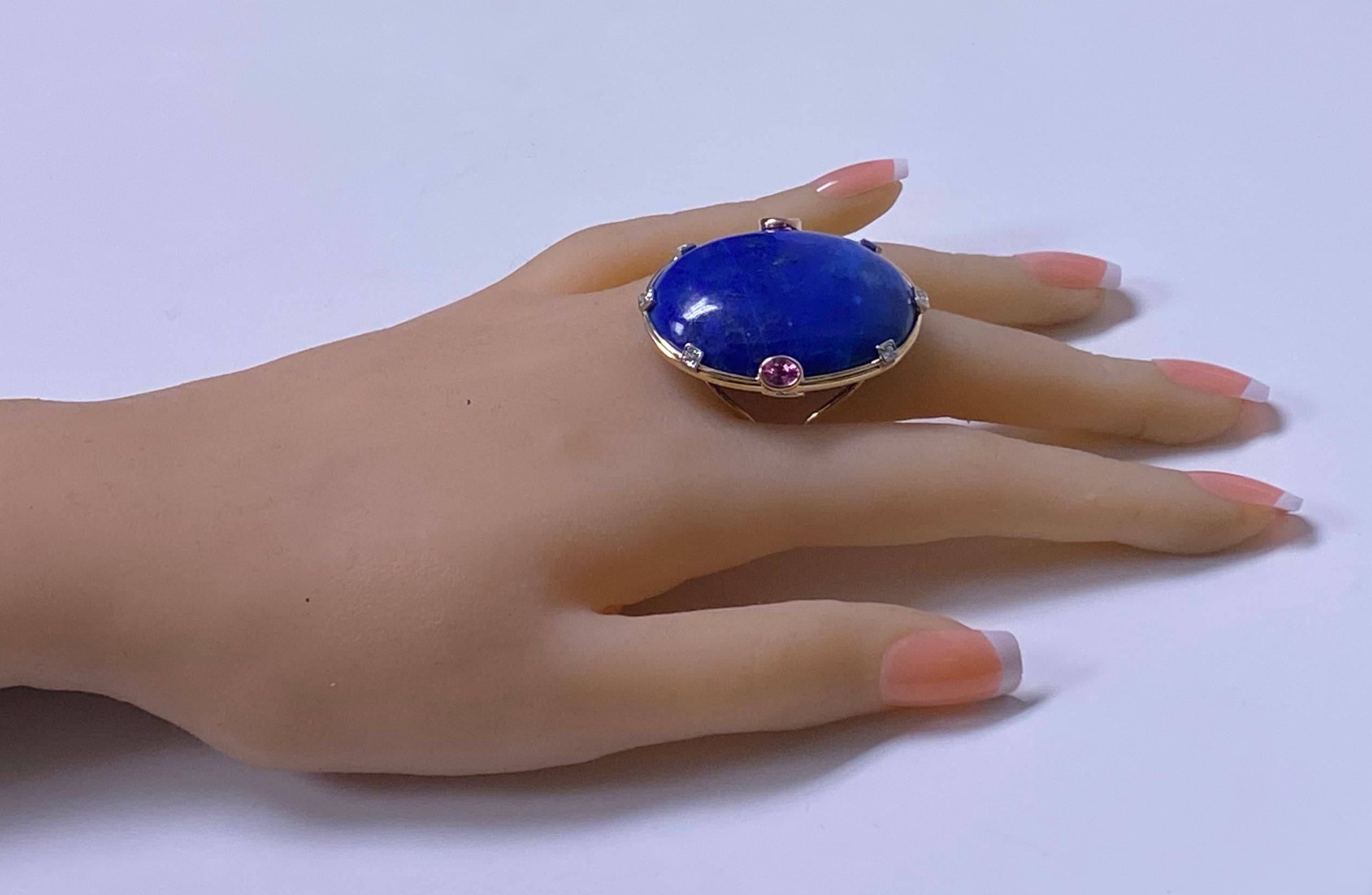 Large Lapis Lazuli Sapphire Diamond Gold Ring In New Condition In Toronto, ON