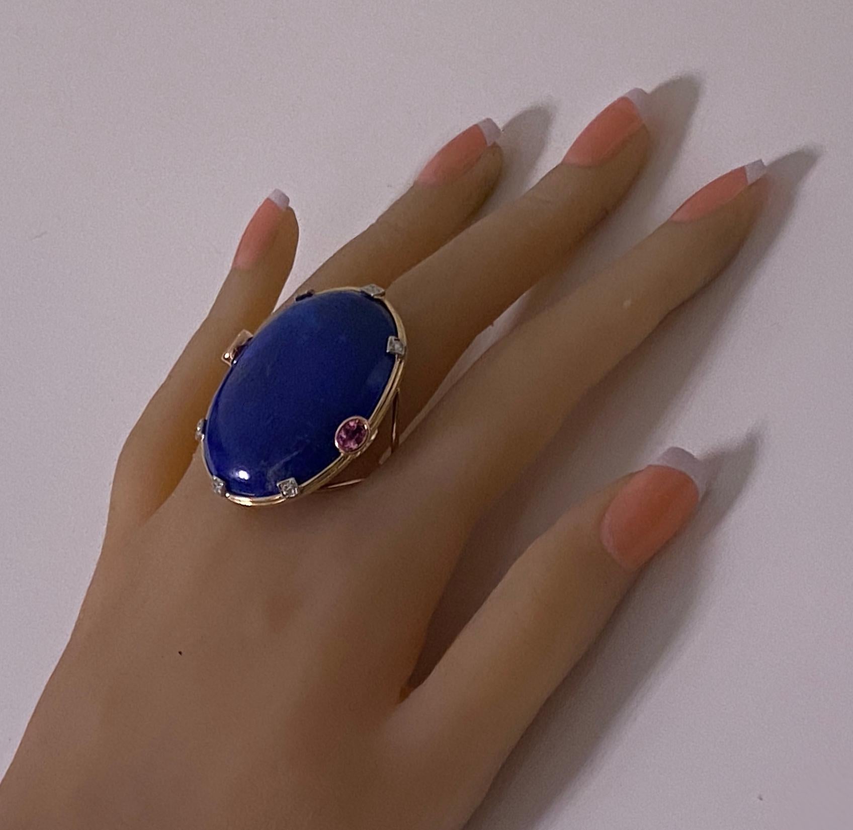 Women's or Men's Large Lapis Lazuli Sapphire Diamond Gold Ring