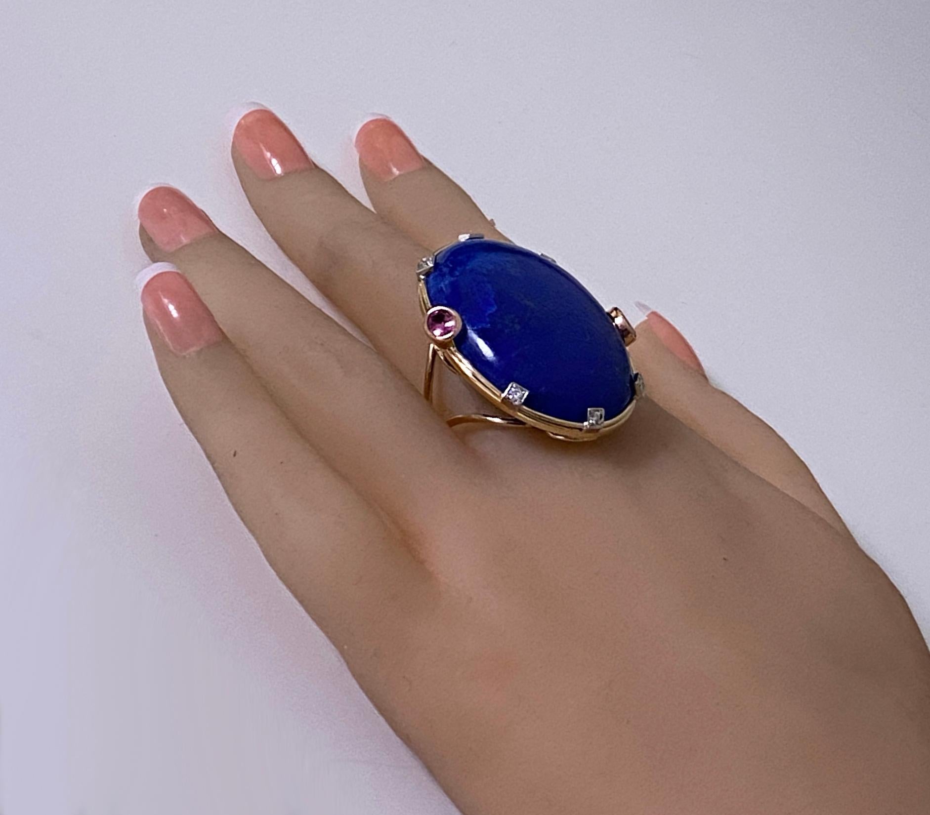 Large Lapis Lazuli Sapphire Diamond Gold Ring 1