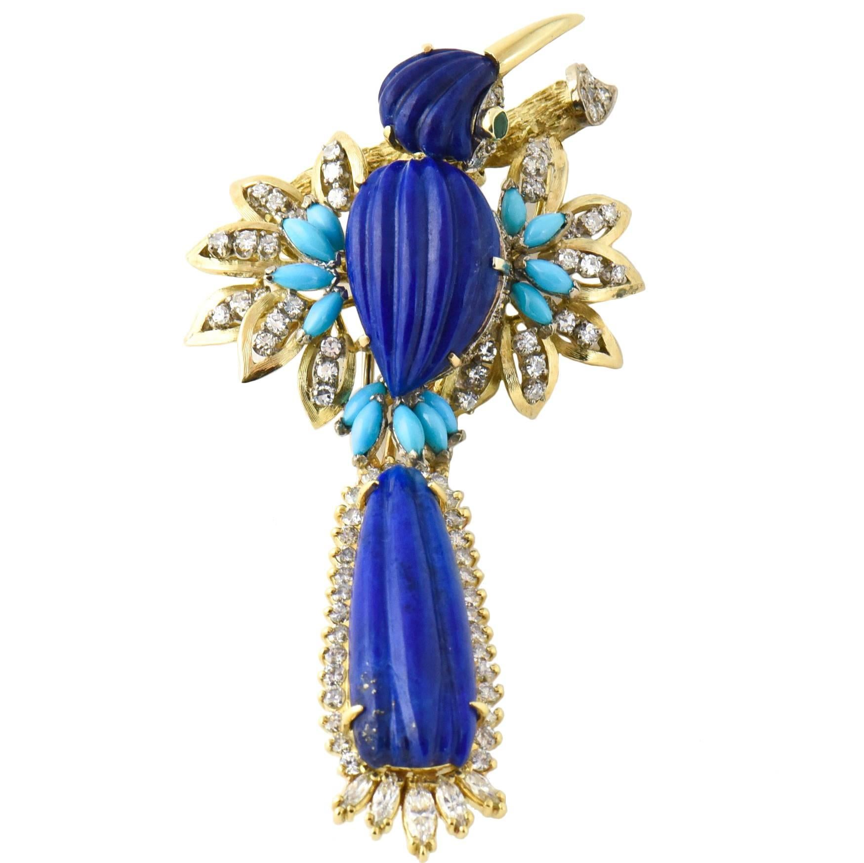 Large Lapis Turquoise Diamond and Gold Bird Brooch