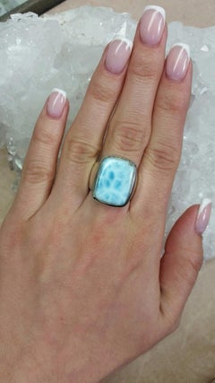 Large Larimar Silver Ring Opaque Patterned Sky Blue Natural Dominican Gemstone U