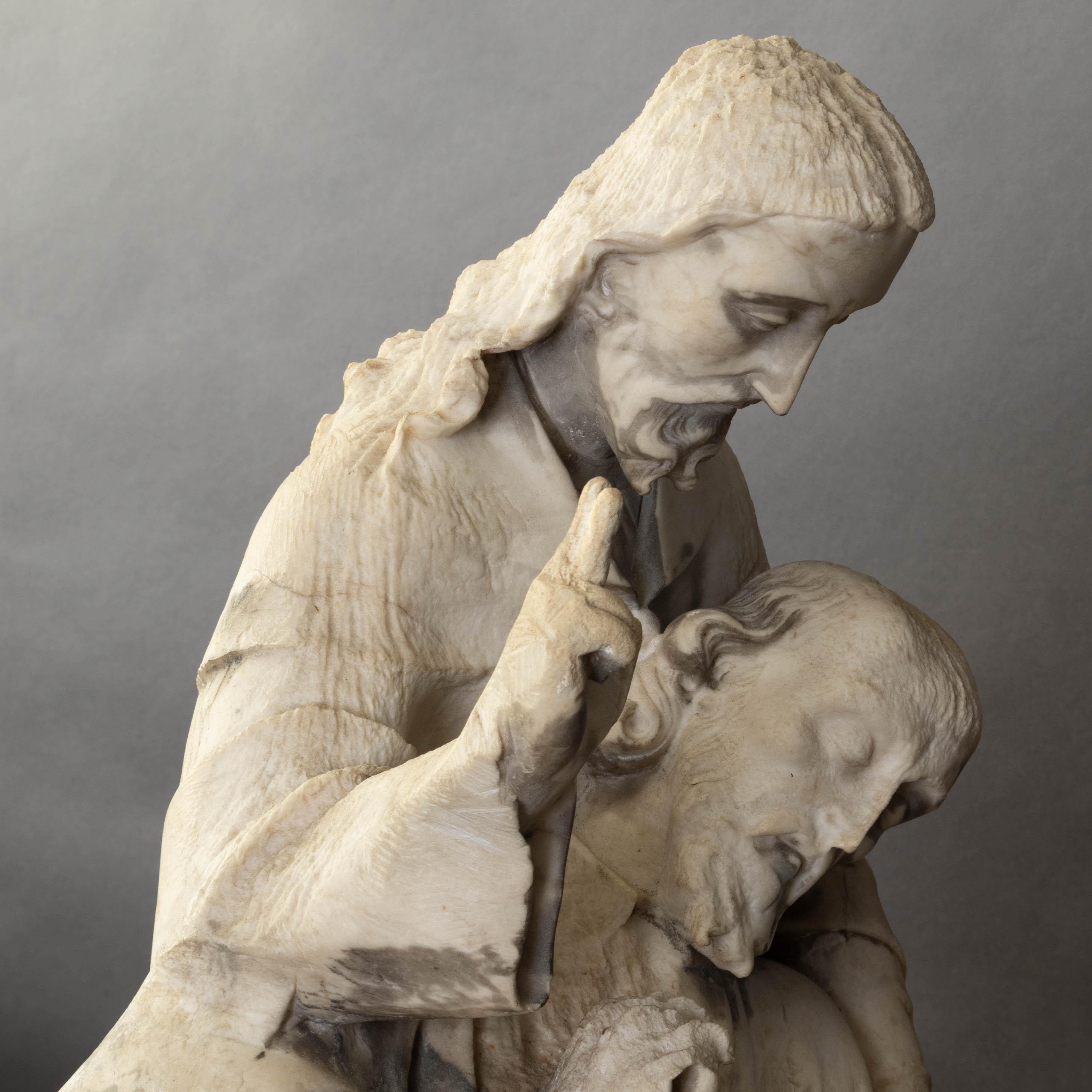 Grand groupe de sculptures religieuses médiévales en marbre sculpté à la main du XVe siècle en vente 10