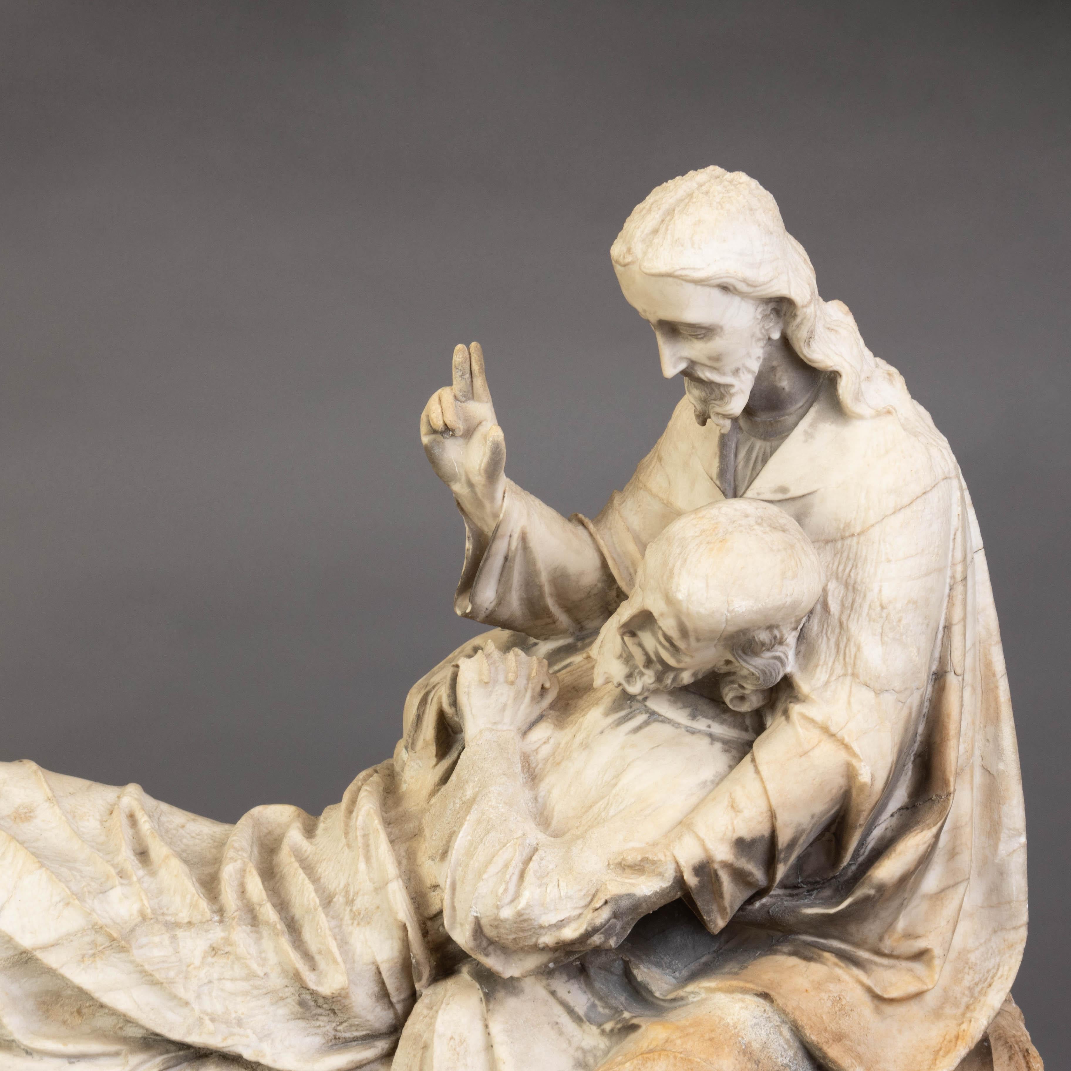 Français Grand groupe de sculptures religieuses médiévales en marbre sculpté à la main du XVe siècle en vente