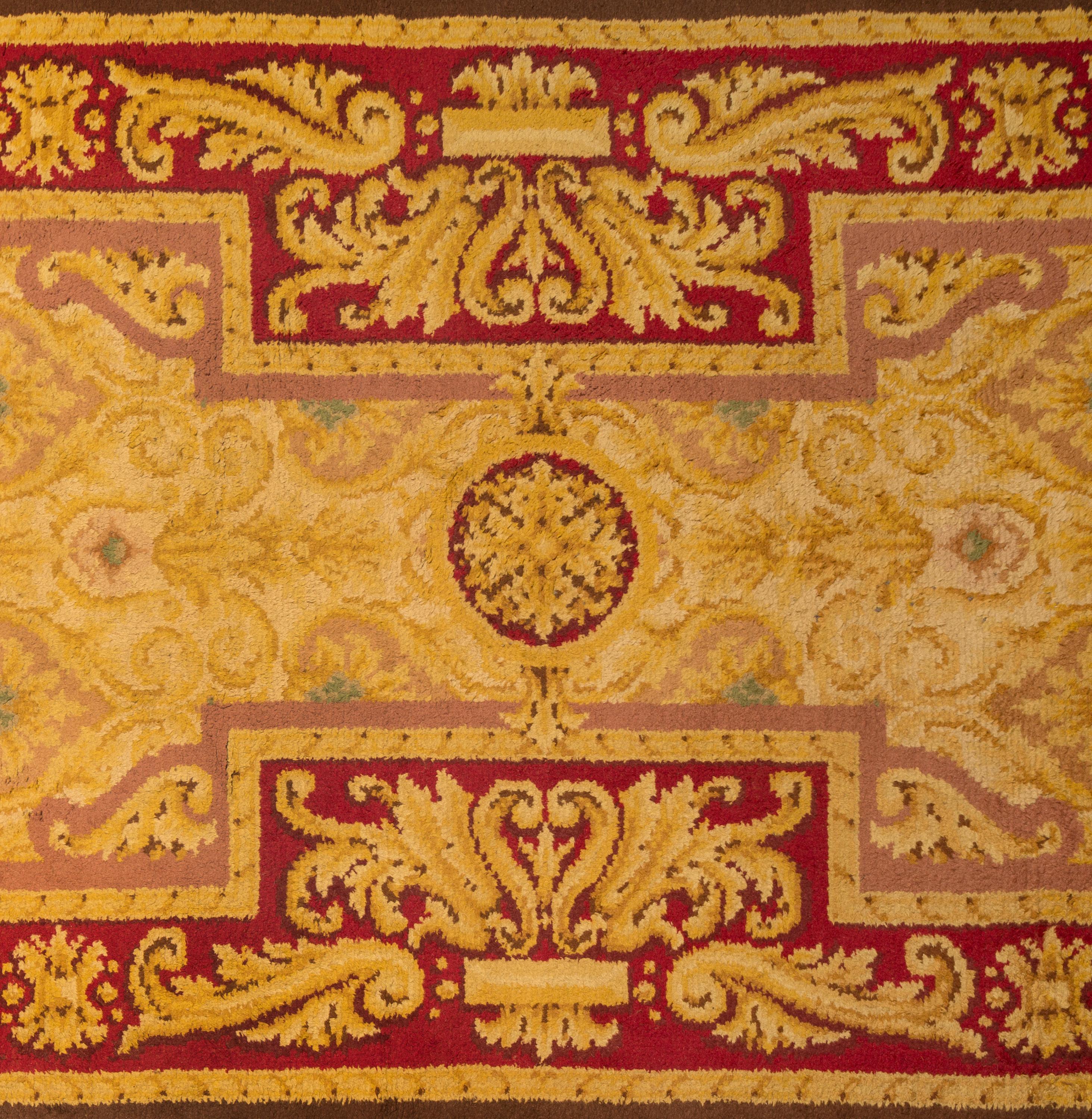 Acquired from an important estate some years ago in Madrid, this grand scale (6.4 meters / 21 feet long) neoclassical runner carpet once furnished the hallway or stairway of a notable aristocratic palace in the city center. According to expert