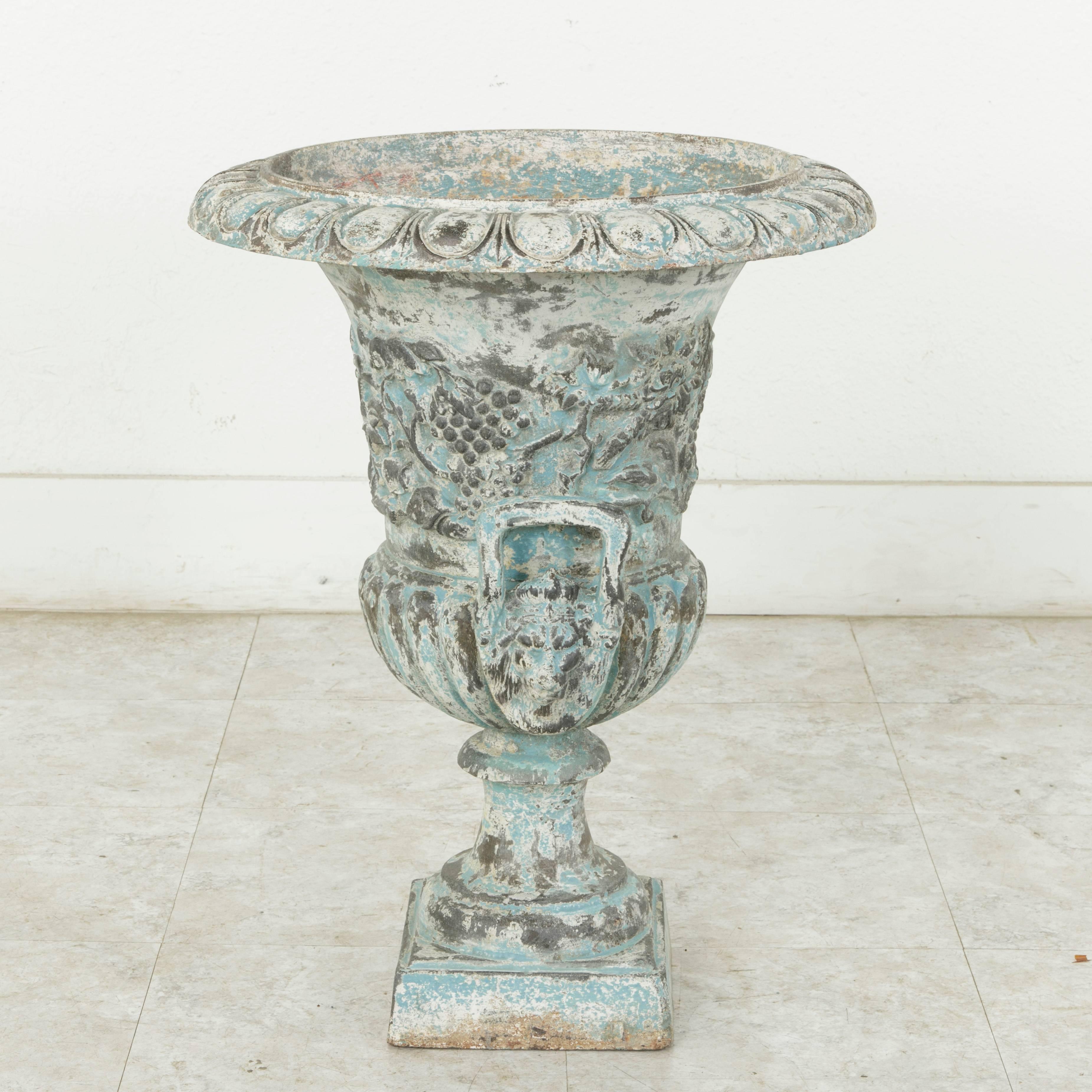 Large Late 18th Century French Cast Iron Urn or Planter Grapes Motif, Blue In Excellent Condition In Fayetteville, AR