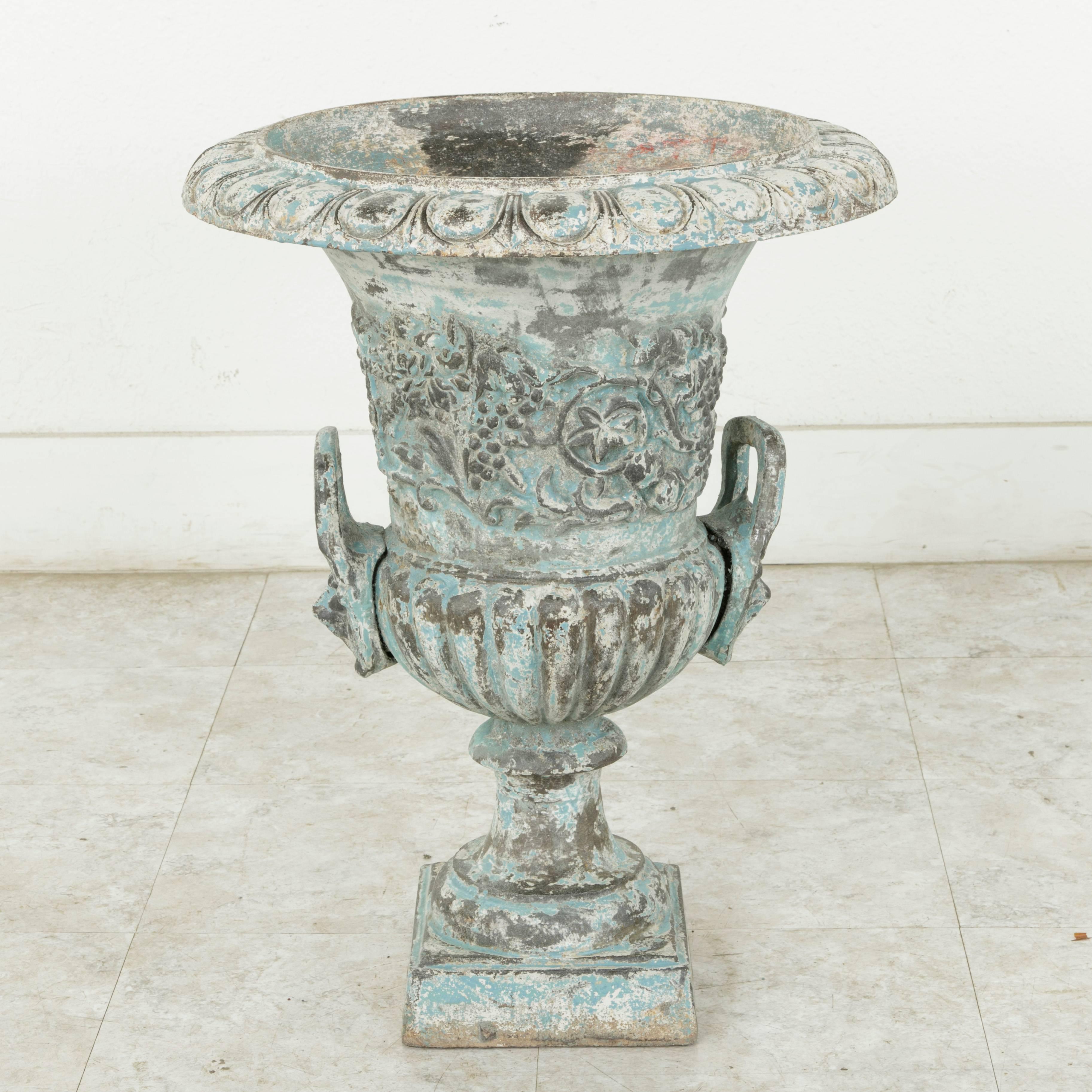 Large Late 18th Century French Cast Iron Urn or Planter Grapes Motif, Blue 1