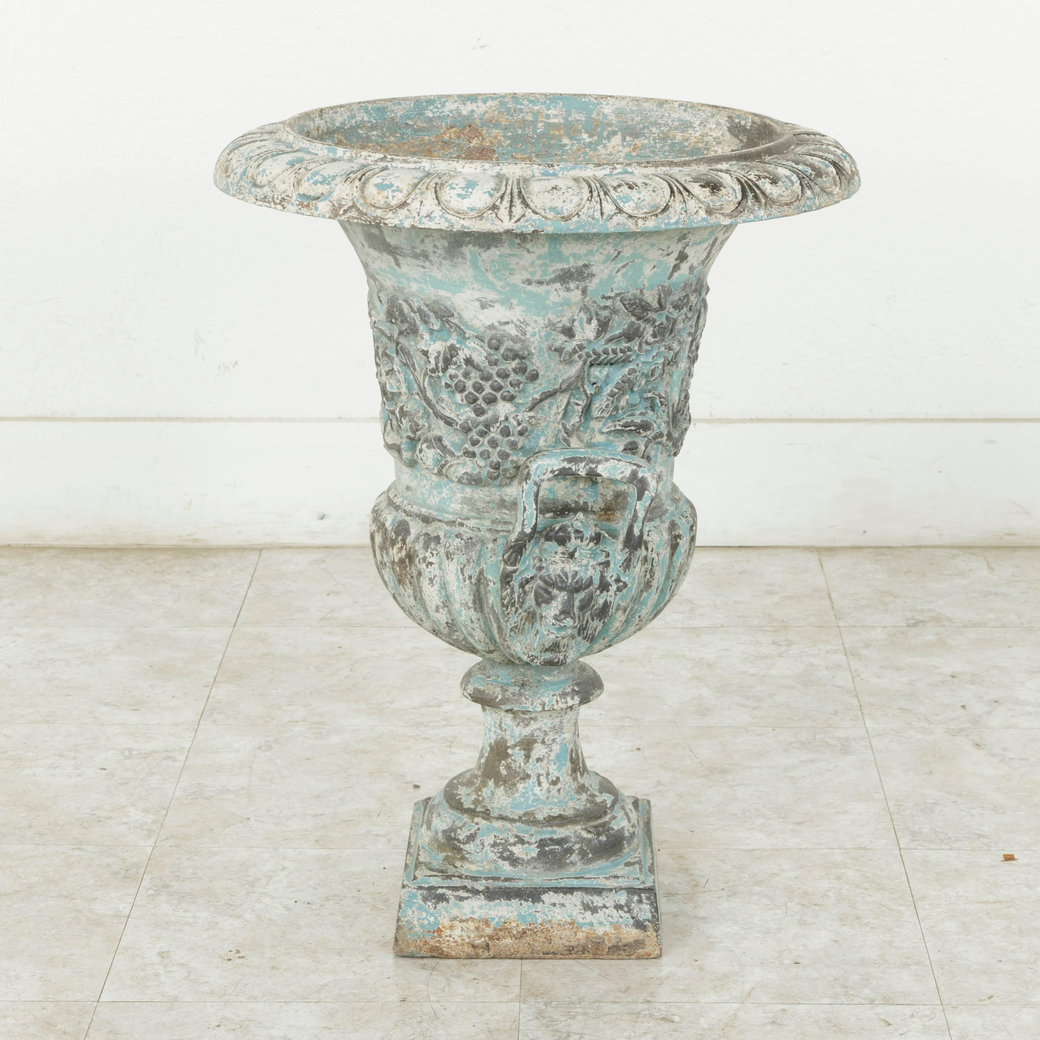 Large Late 18th Century French Cast Iron Urn or Planter Grapes Motif, Blue 2