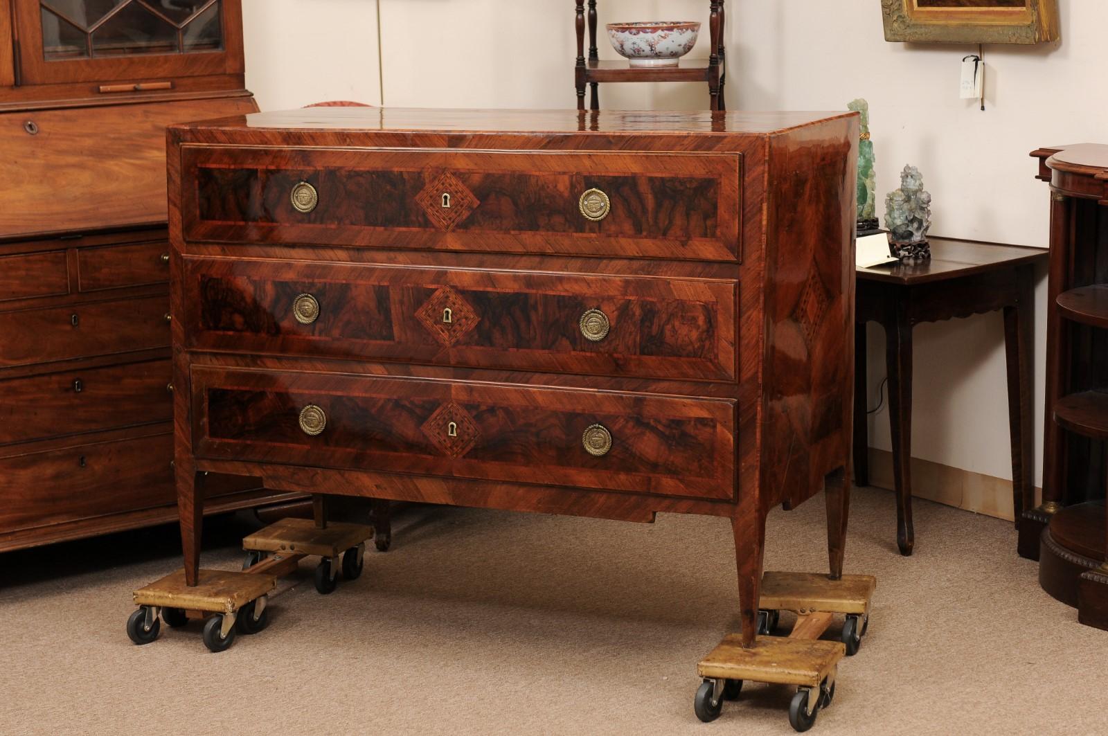 Large Late 18th Century Italian Neoclassical Walnut Commode with 3 Drawers For Sale 9