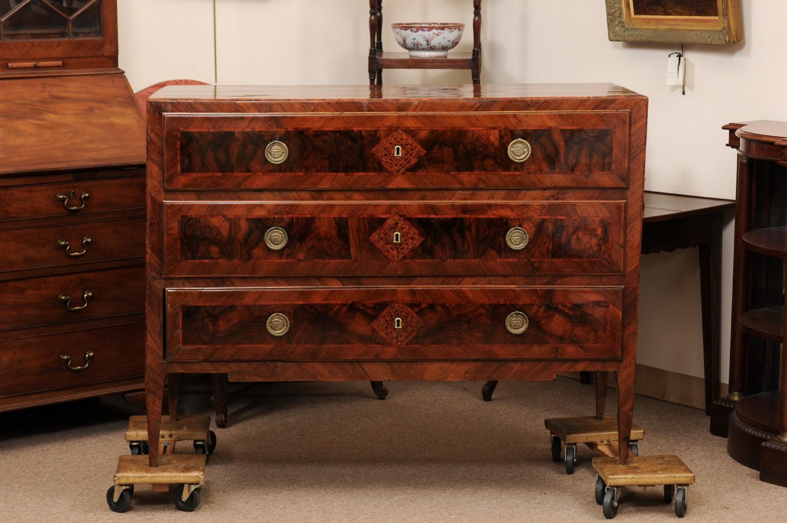 Large Late 18th Century Italian Neoclassical Walnut Commode with 3 Drawers For Sale 10