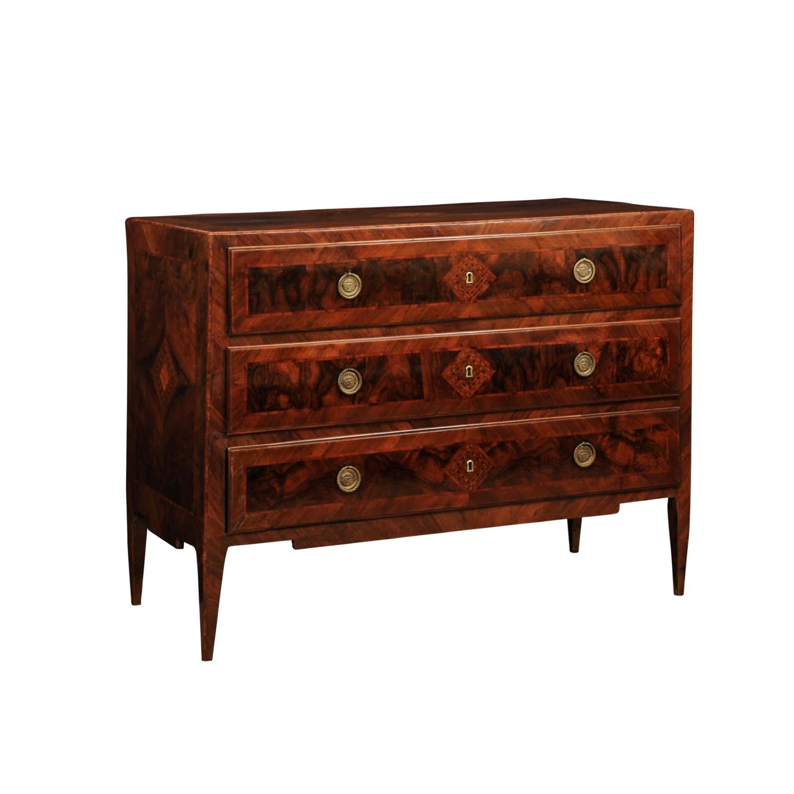 Large Late 18th Century Italian Neoclassical Walnut Commode with 3 Drawers For Sale 12