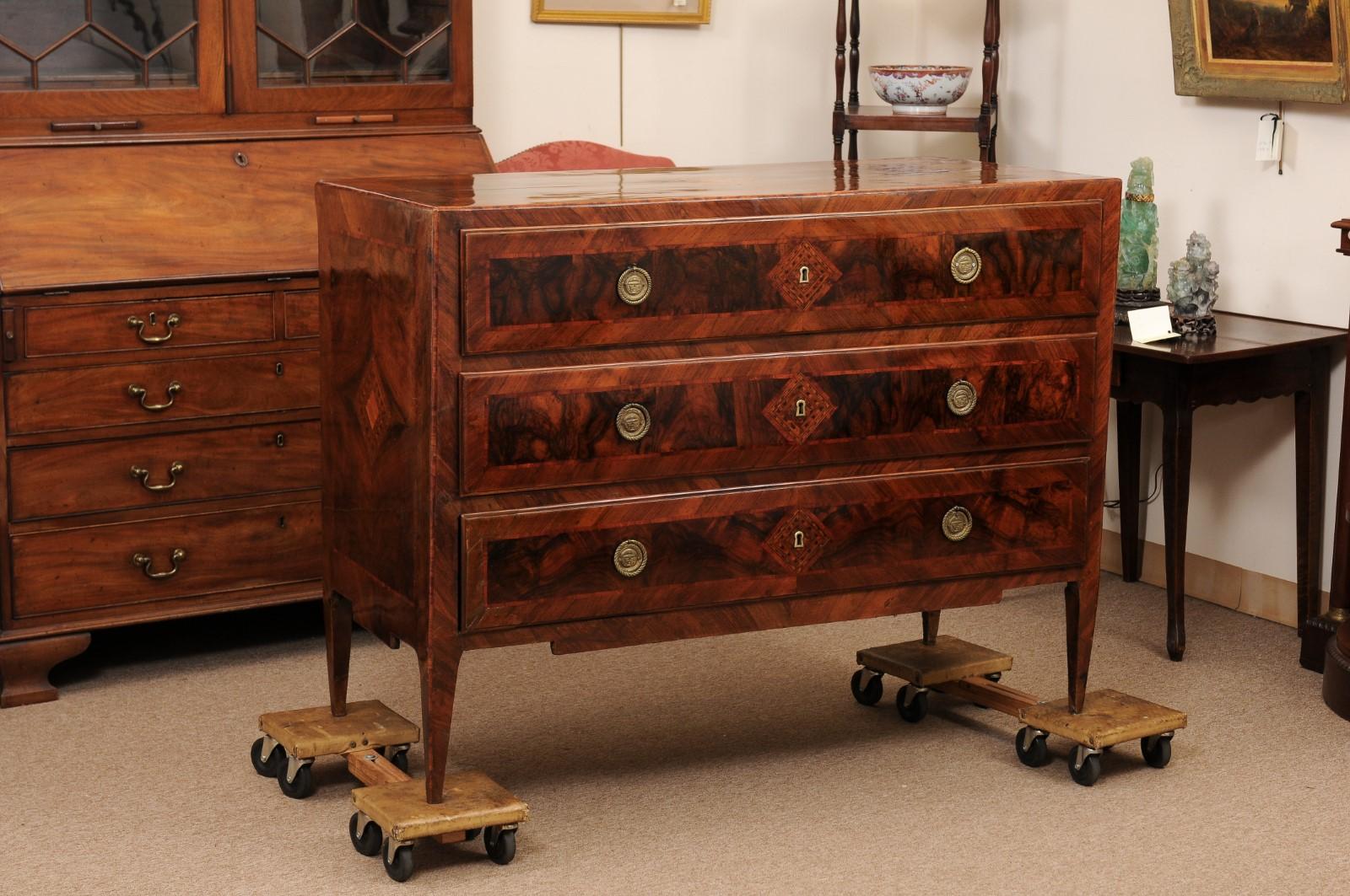 Large Late 18th Century Italian Neoclassical Walnut Commode with 3 Drawers & Parquetry Inlay