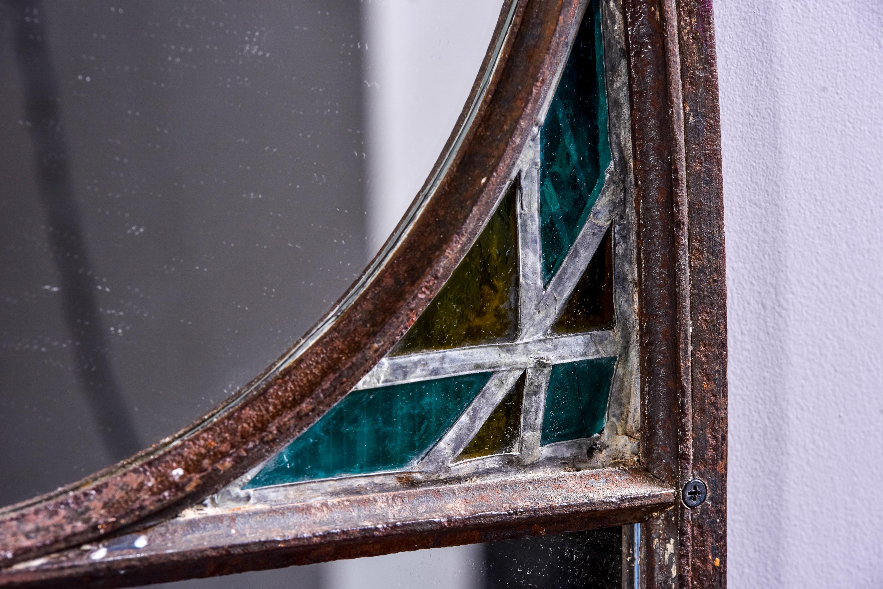 Large Late 19th C Iron Framed Church Window Mirror with Stained Glass For Sale 2