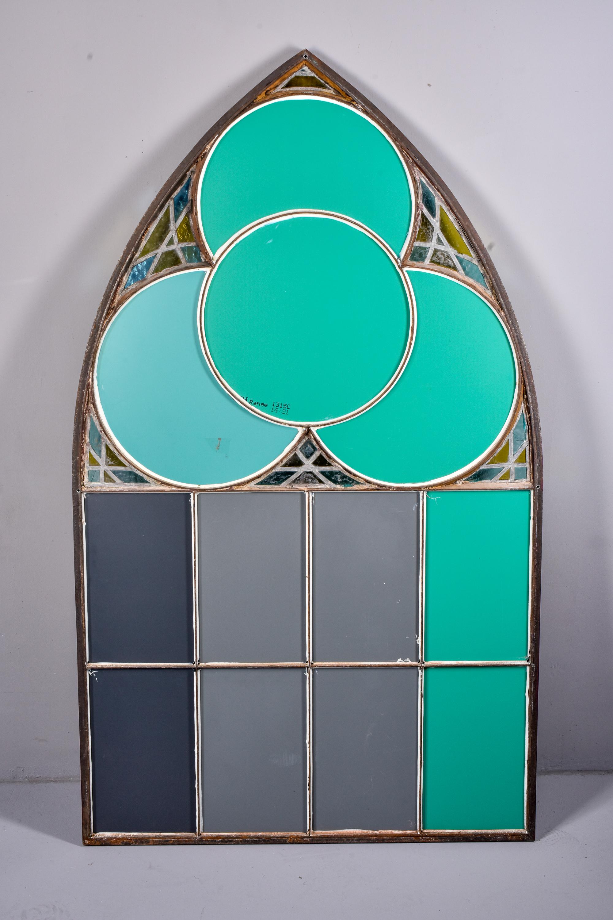 Large Late 19th C Iron Framed Church Window Mirror with Stained Glass For Sale 5