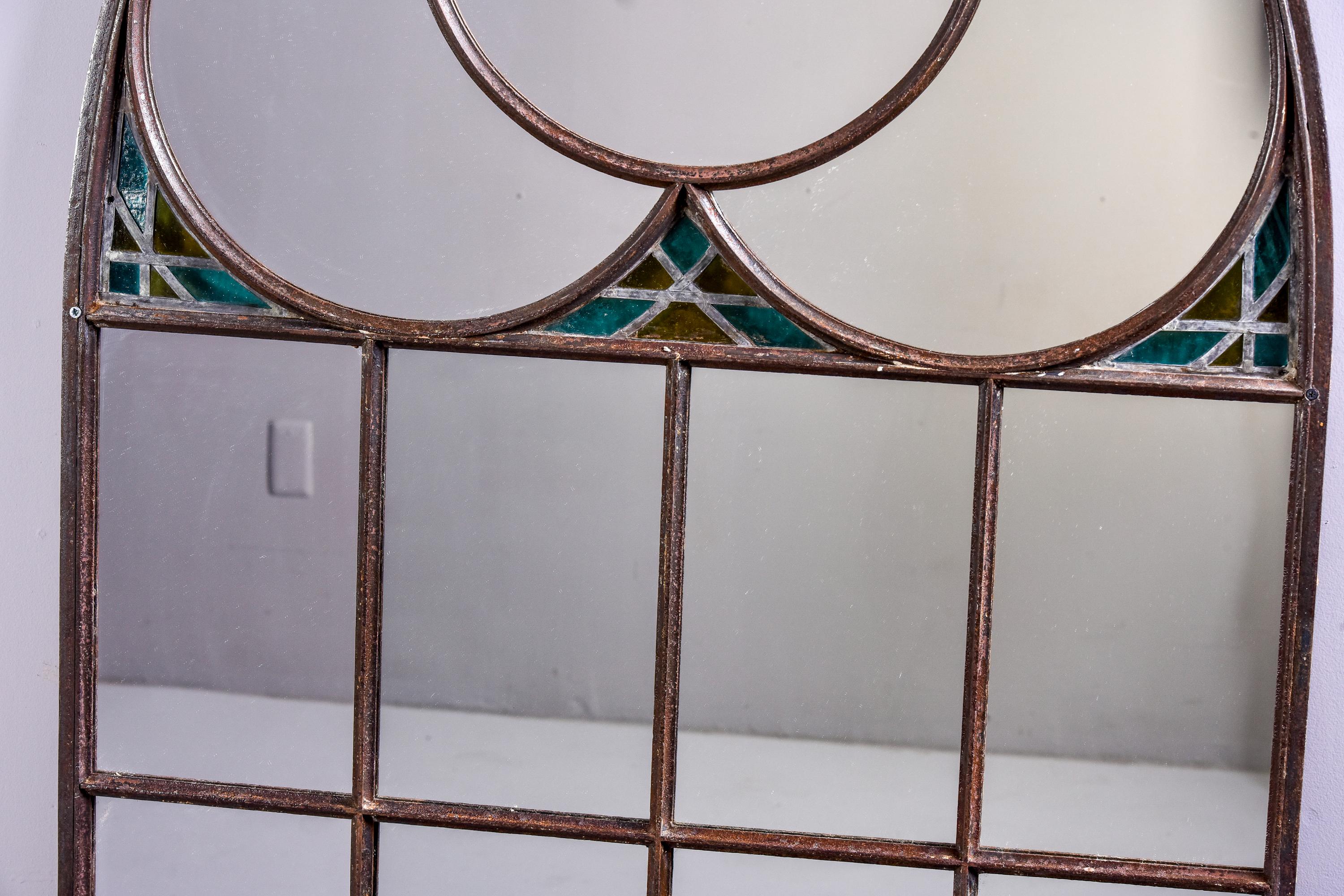 Large Late 19th C Iron Framed Church Window Mirror with Stained Glass In Good Condition For Sale In Troy, MI