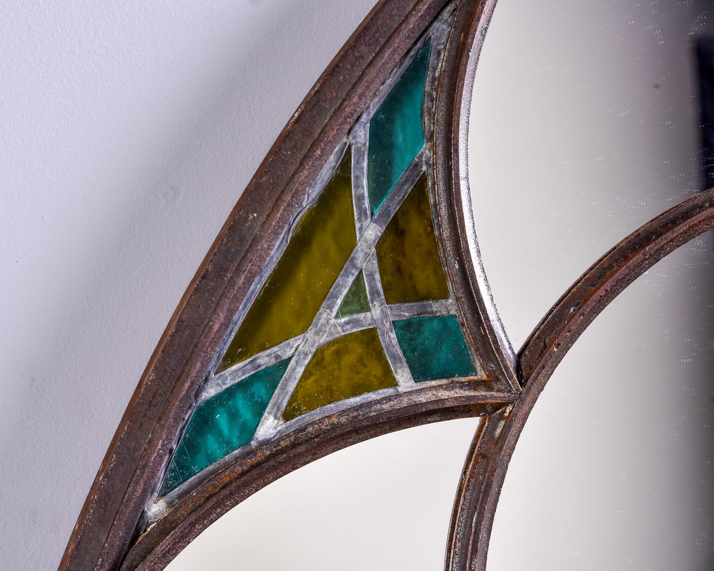 19th Century Large Late 19th C Iron Framed Church Window Mirror with Stained Glass For Sale