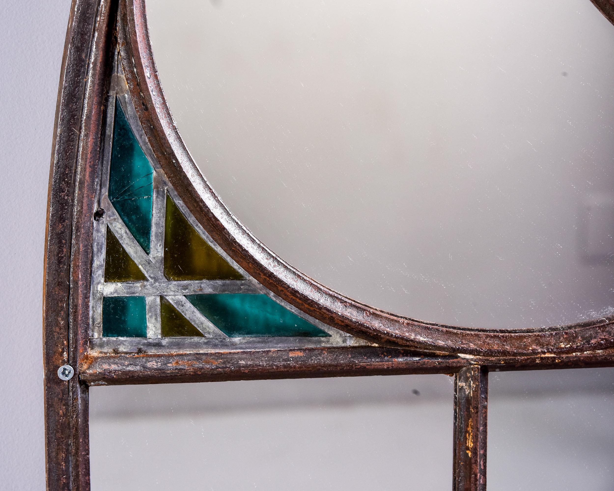 Large Late 19th C Iron Framed Church Window Mirror with Stained Glass For Sale 1