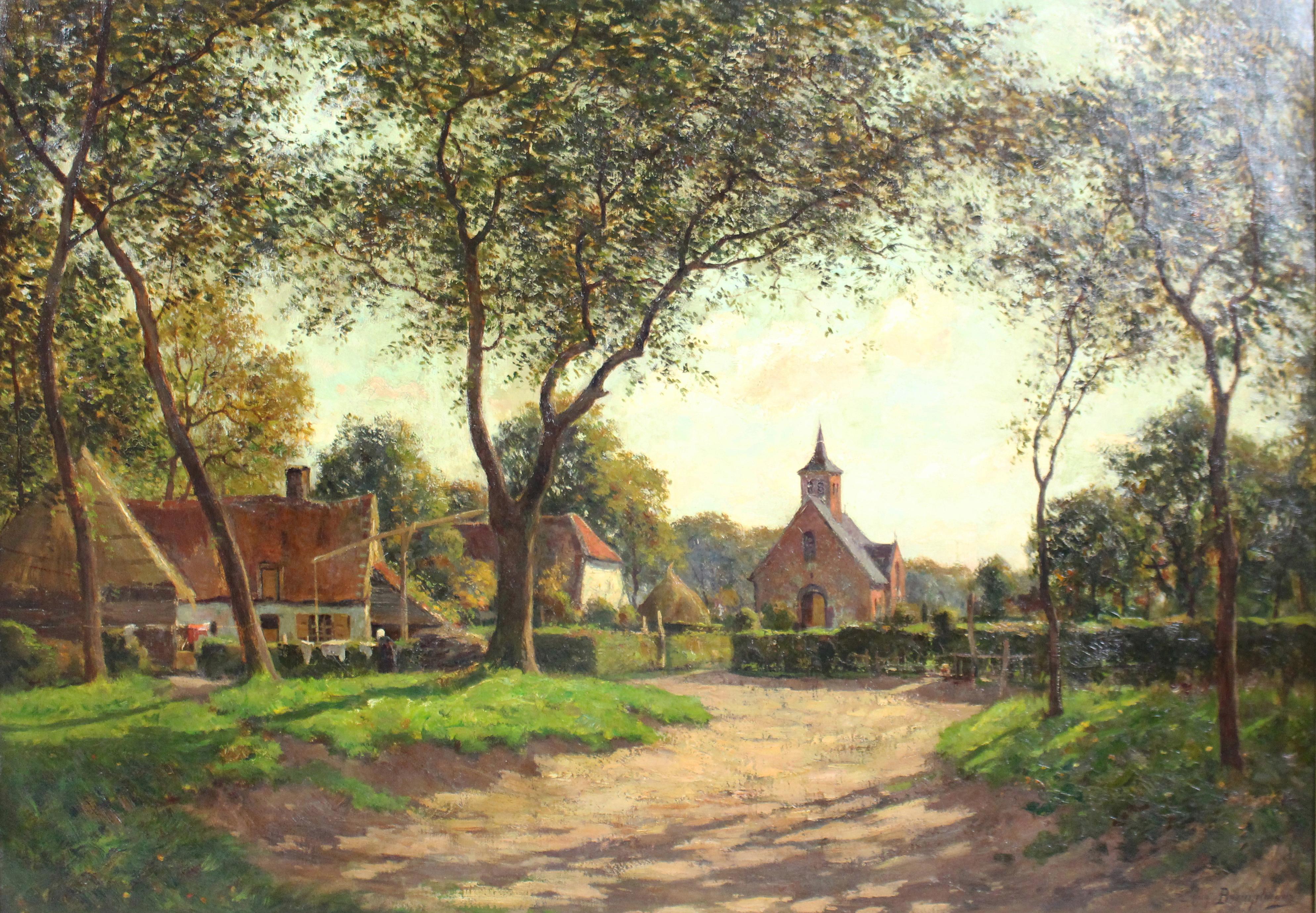 European Large Late 19th C. Village Landscape Oil on Canvas