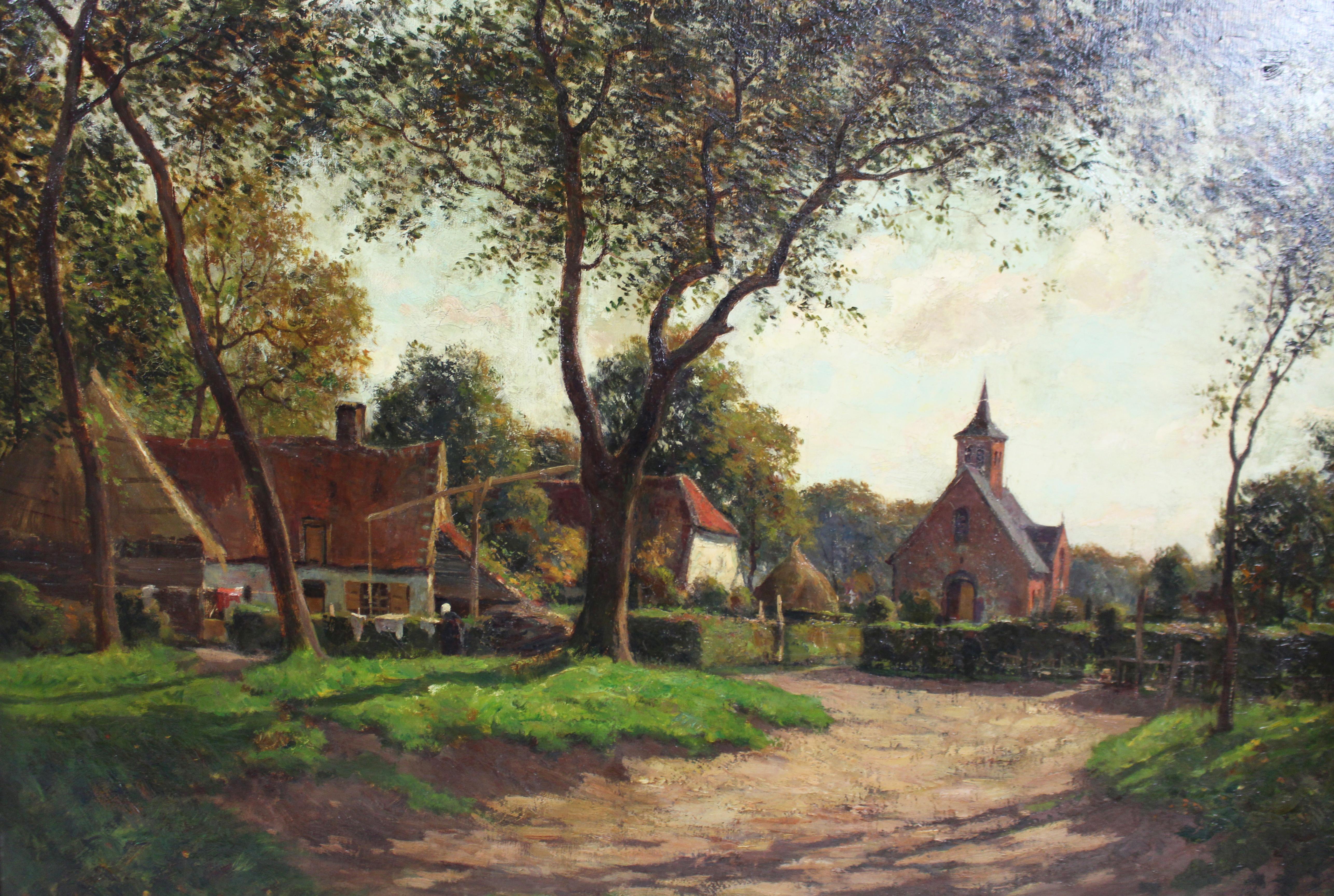 Hand-Painted Large Late 19th C. Village Landscape Oil on Canvas