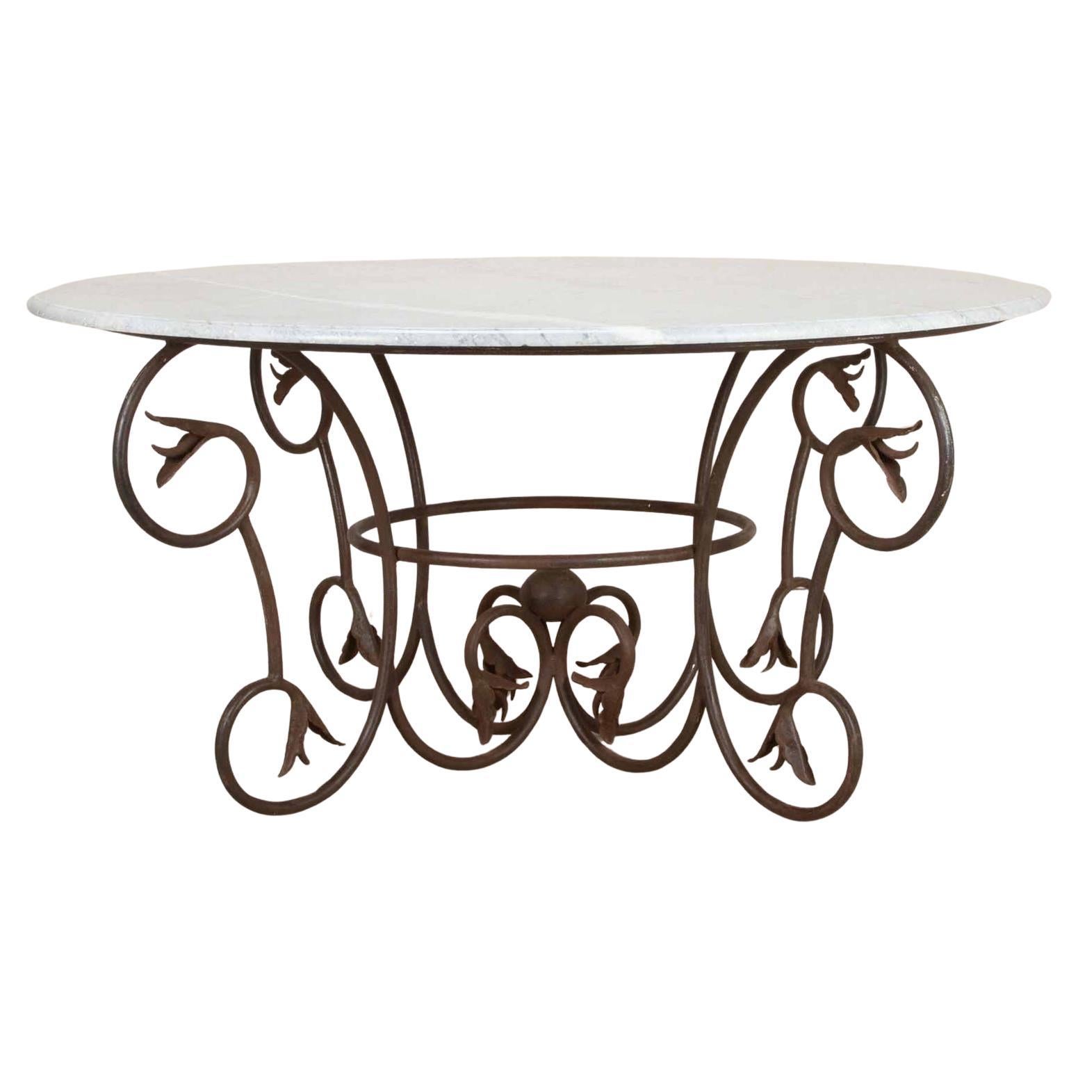 Large Late 19th Century Art Nouveau Wrought Iron and Marble Table For Sale