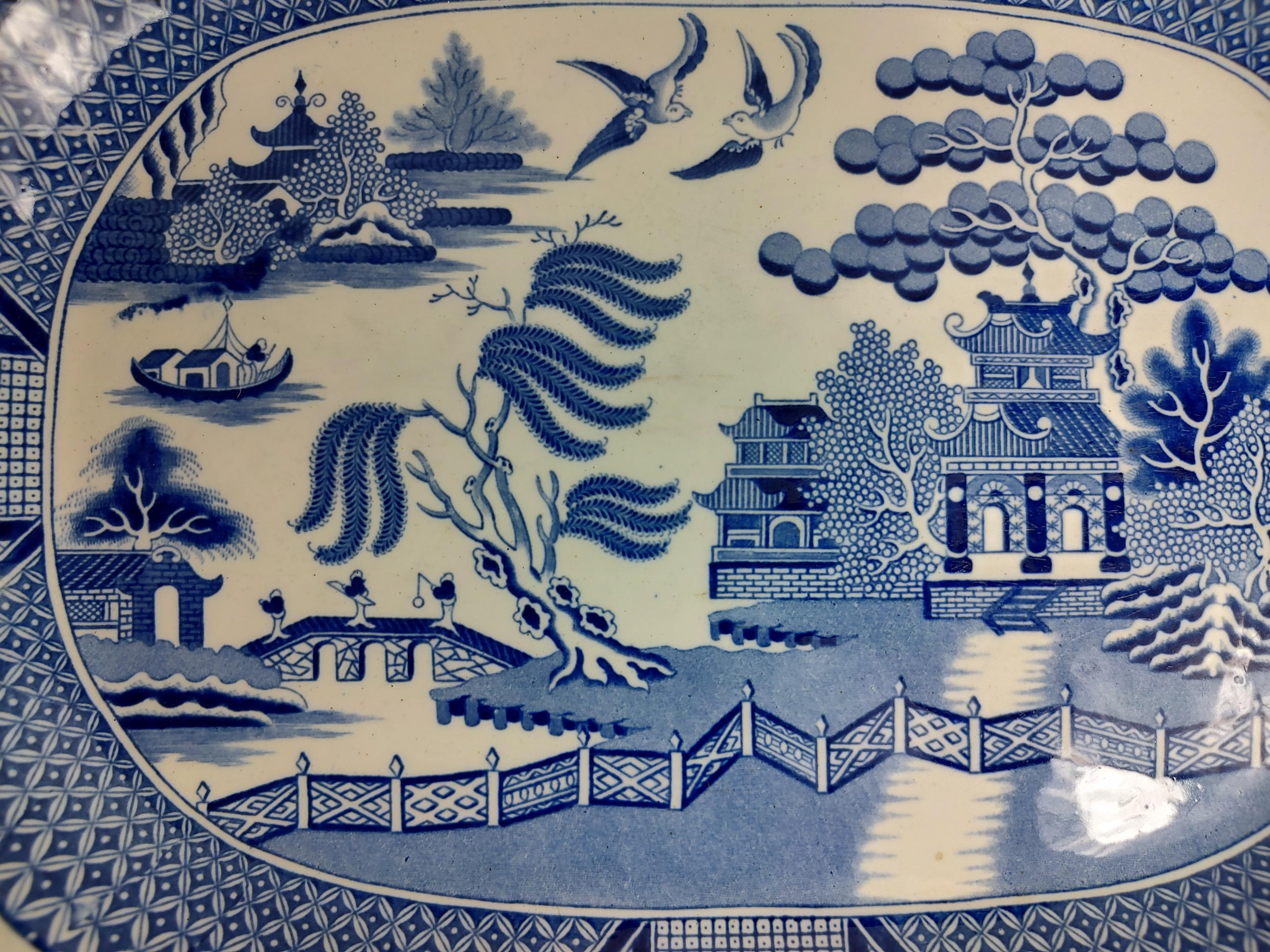 Queen Anne Large Late 19th Century Blue Willow Serving Platter Staffordshire  For Sale