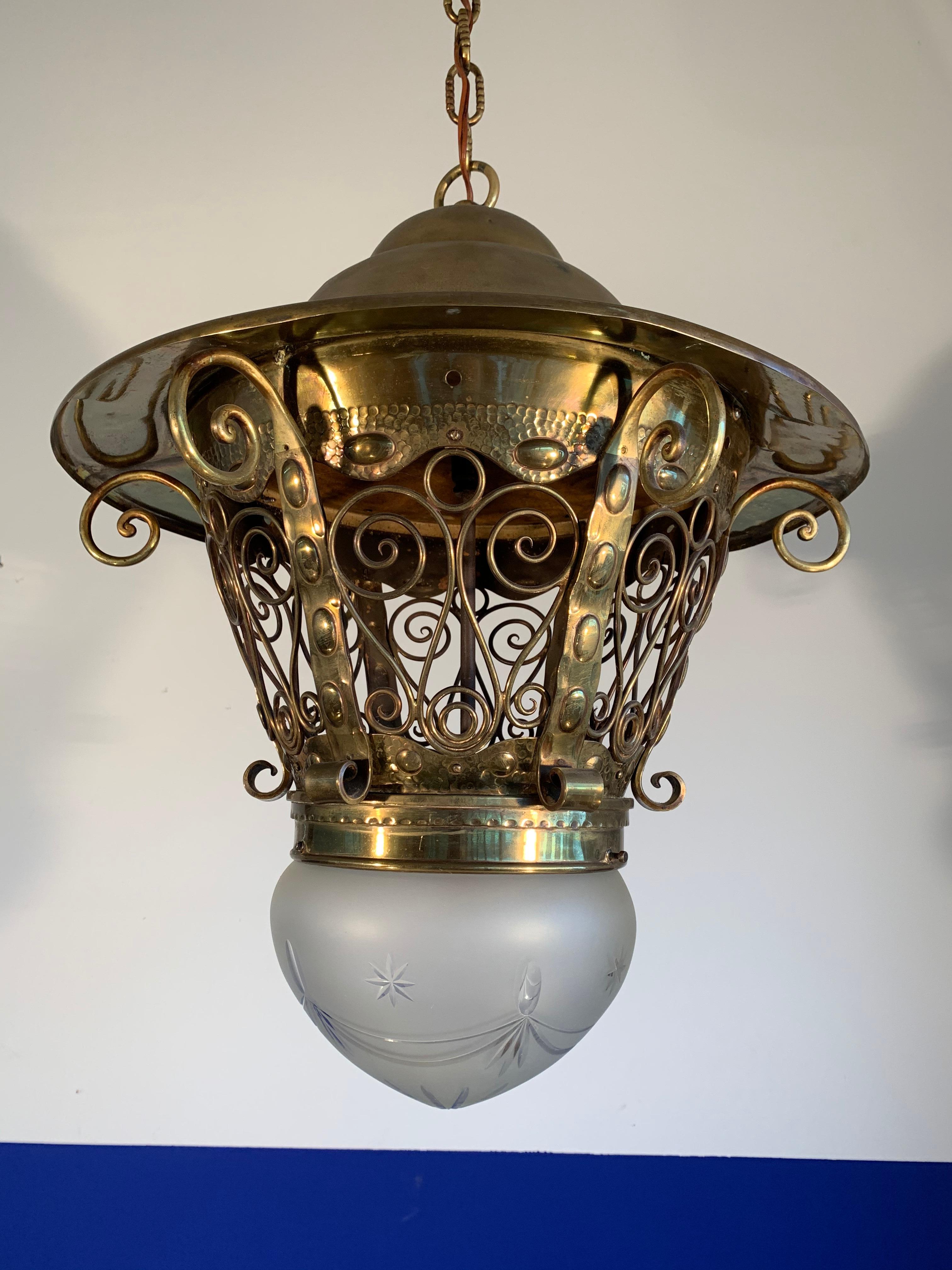 Large Late 19th Century Brass & Glass Arts and Crafts Pendant / Light Fixture For Sale 2