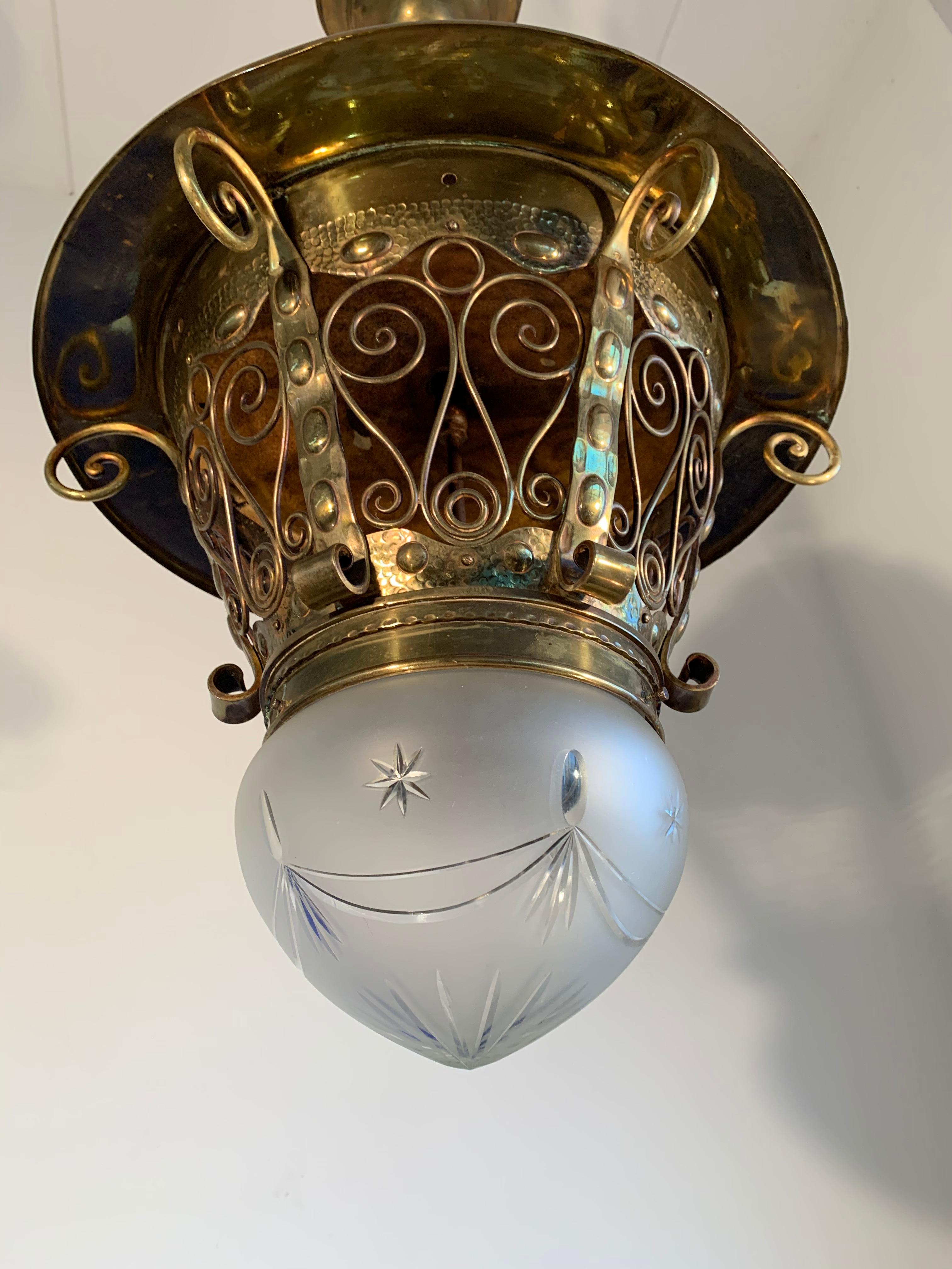 Large Late 19th Century Brass & Glass Arts and Crafts Pendant / Light Fixture For Sale 6