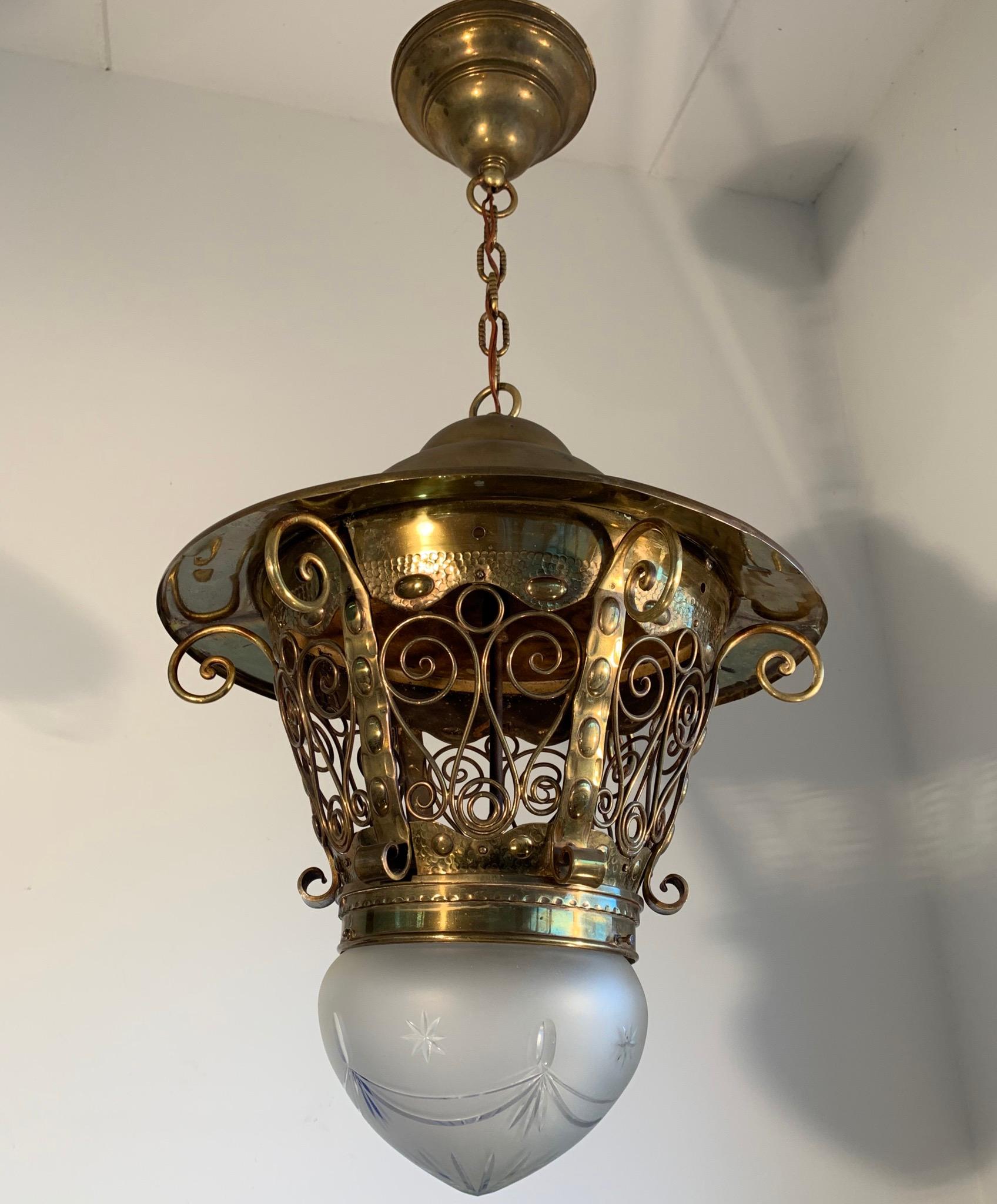 Large Late 19th Century Brass & Glass Arts and Crafts Pendant / Light Fixture For Sale 7