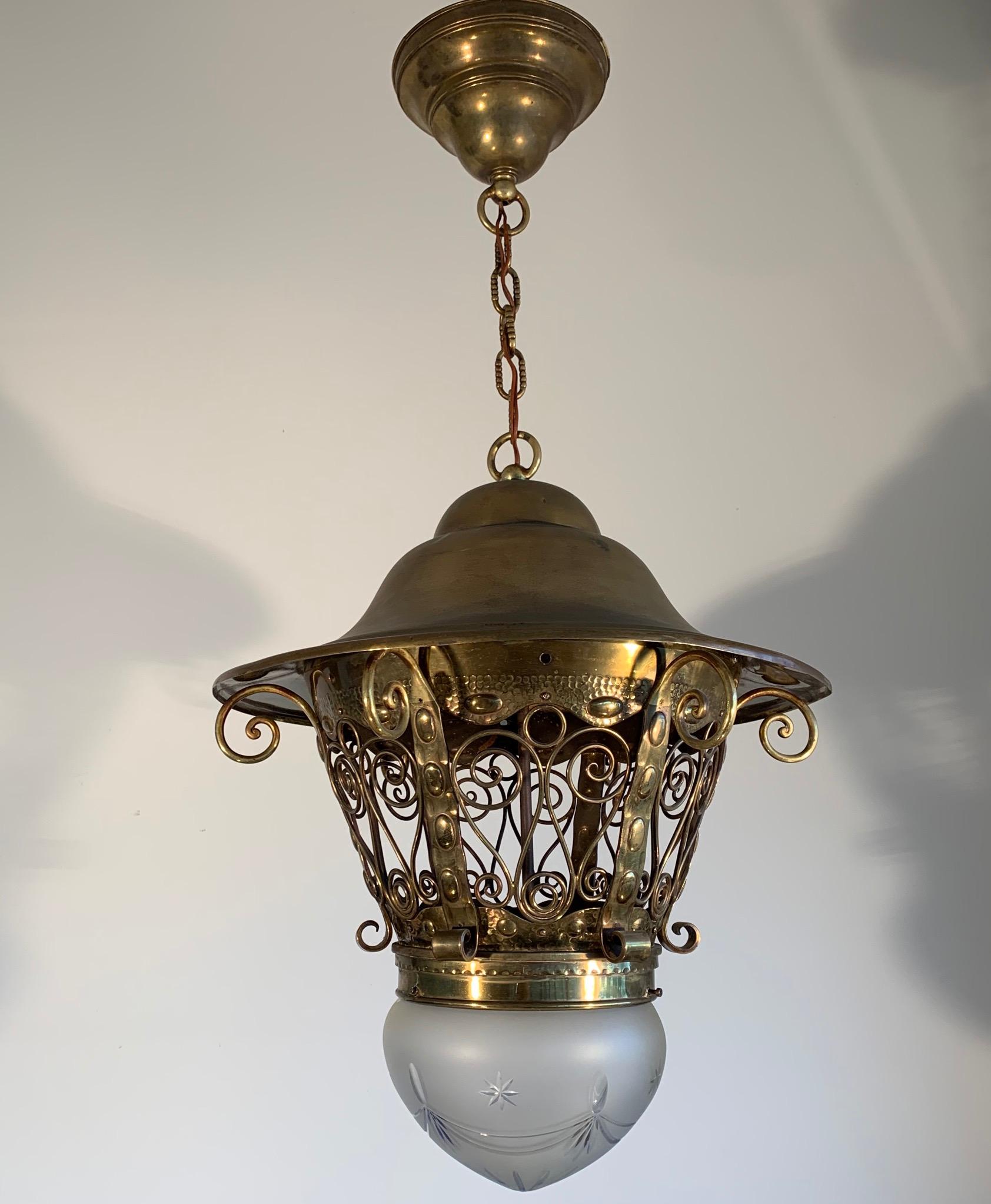Large Late 19th Century Brass & Glass Arts and Crafts Pendant / Light Fixture For Sale 11