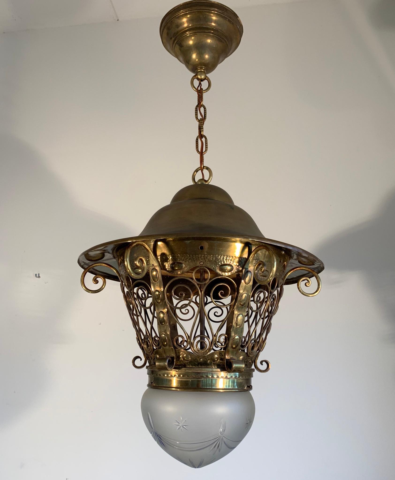 Wonderful and all handcrafted Arts and Crafts pendant. 

If you live in an early 1900s Arts & Crafts home or if you are a collector of unique and stylish home accessories of that period then this handcrafted light fixture could be perfect for you.