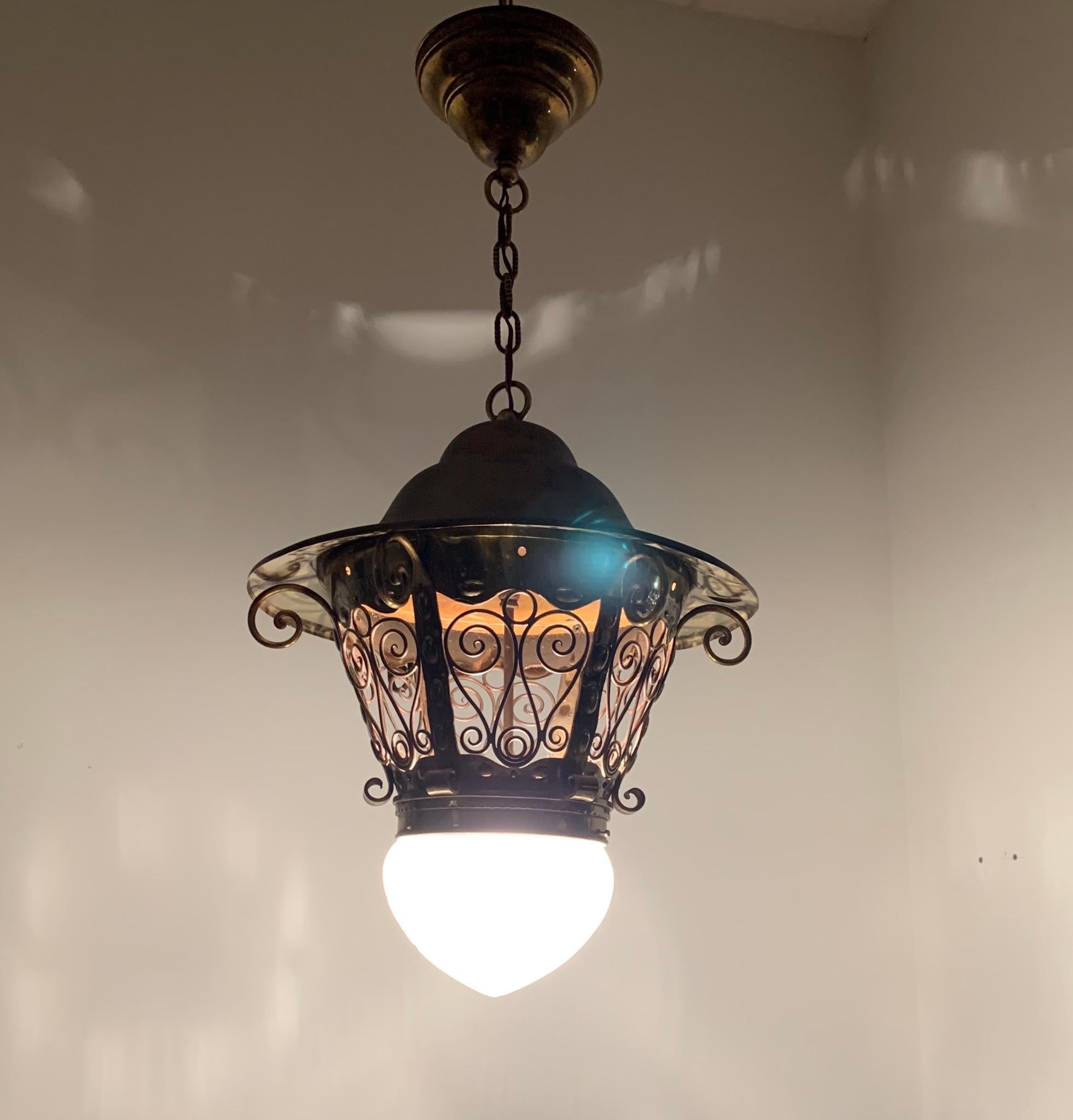 Large Late 19th Century Brass & Glass Arts and Crafts Pendant / Light Fixture For Sale 12