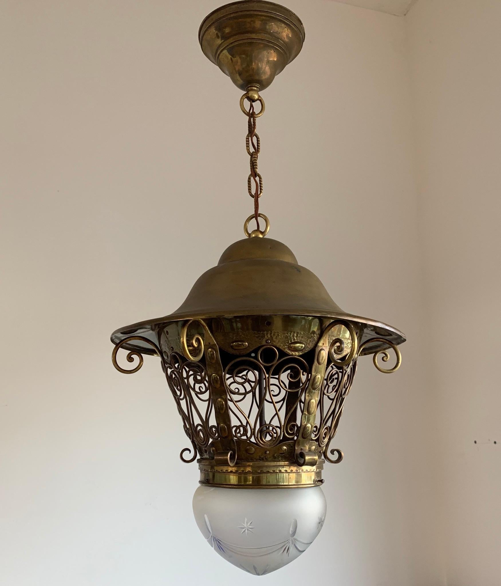 Hammered Large Late 19th Century Brass & Glass Arts and Crafts Pendant / Light Fixture For Sale