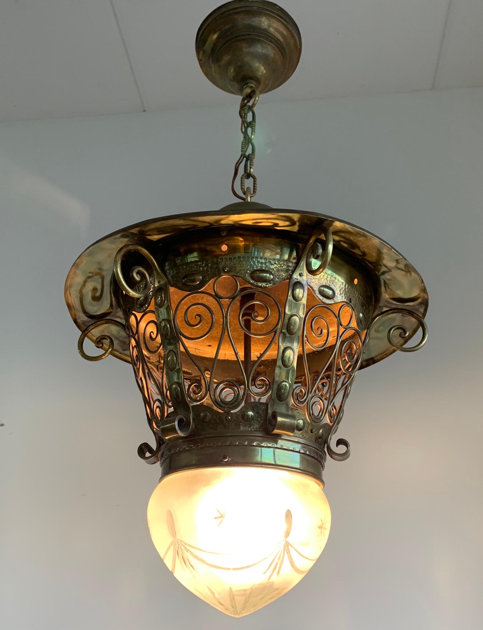 Large Late 19th Century Brass & Glass Arts and Crafts Pendant / Light Fixture For Sale 1