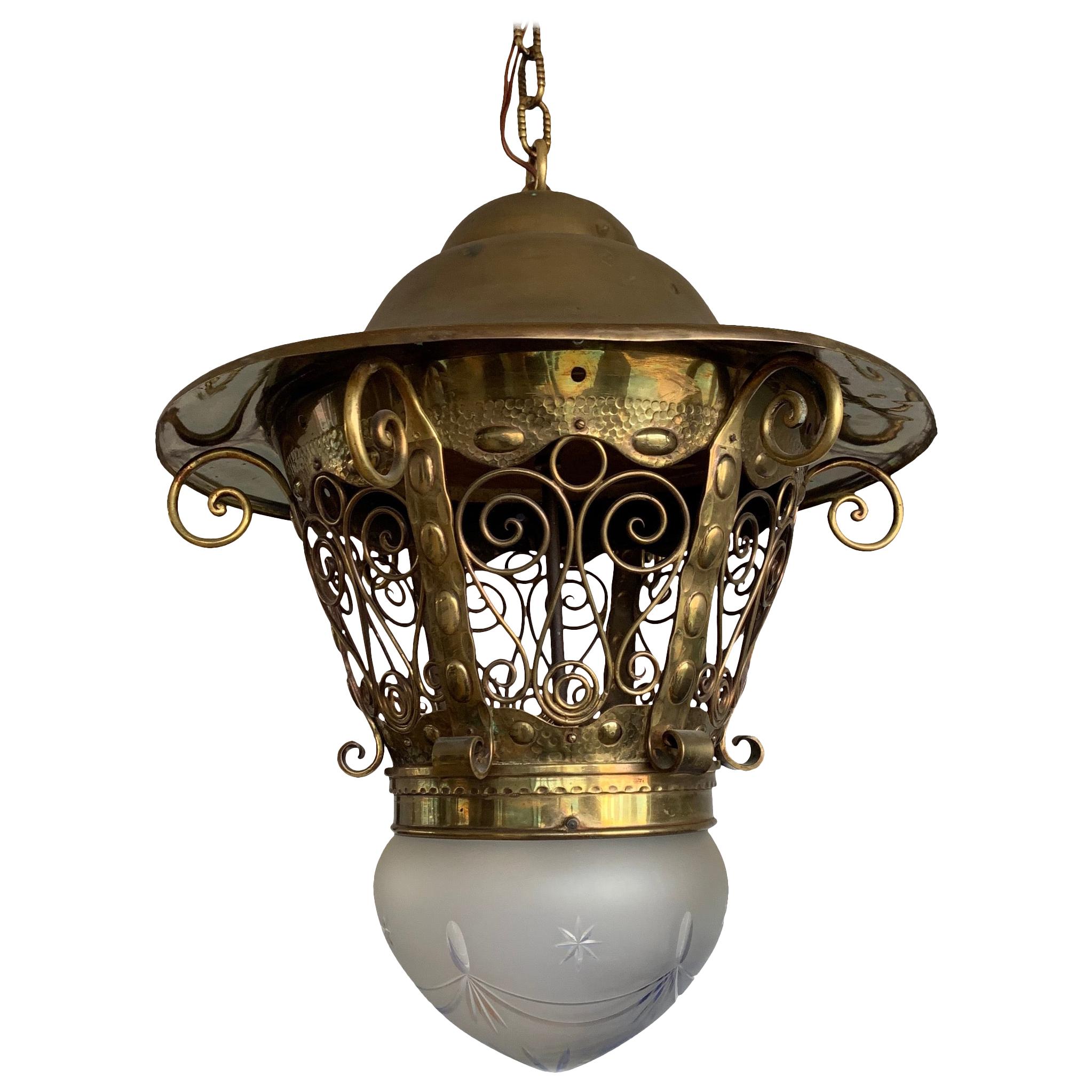 Large Late 19th Century Brass & Glass Arts and Crafts Pendant / Light Fixture