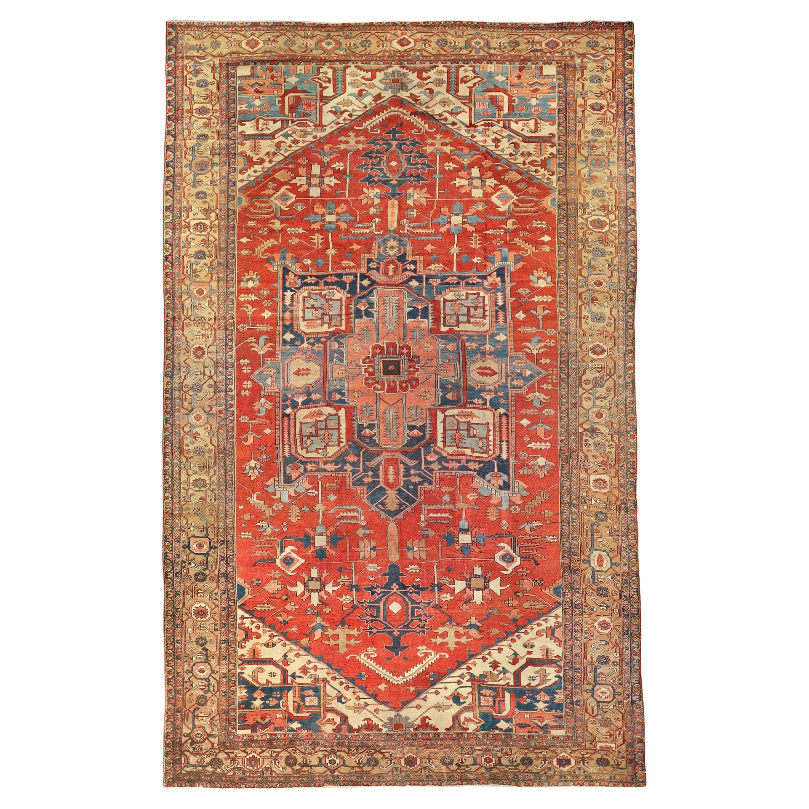 Large late 19th century central medallion serapi  rug For Sale