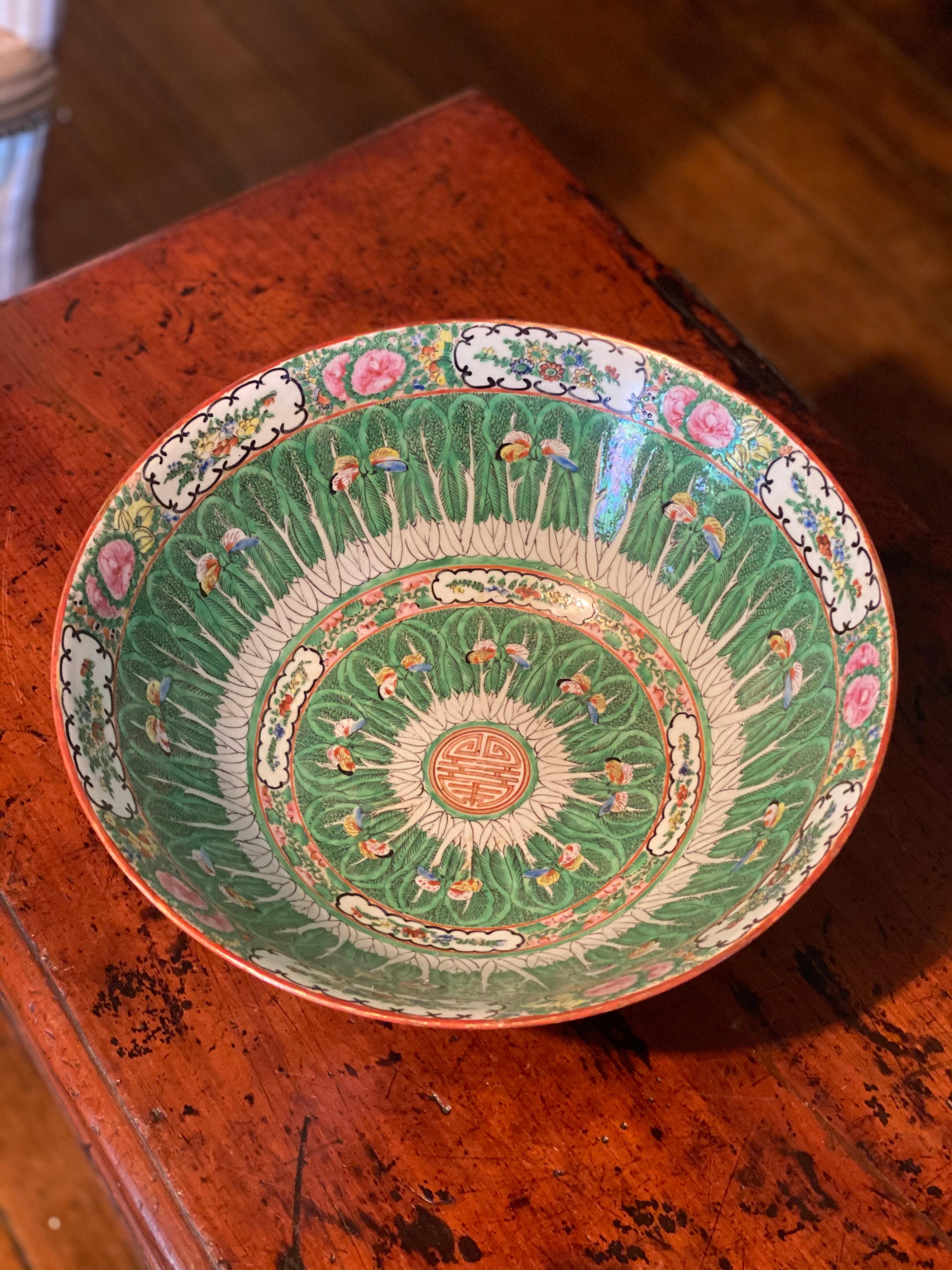 Large late 19th century Chinese export Famille Verte cabbage pattern bowl with butterflies. Unmarked.
