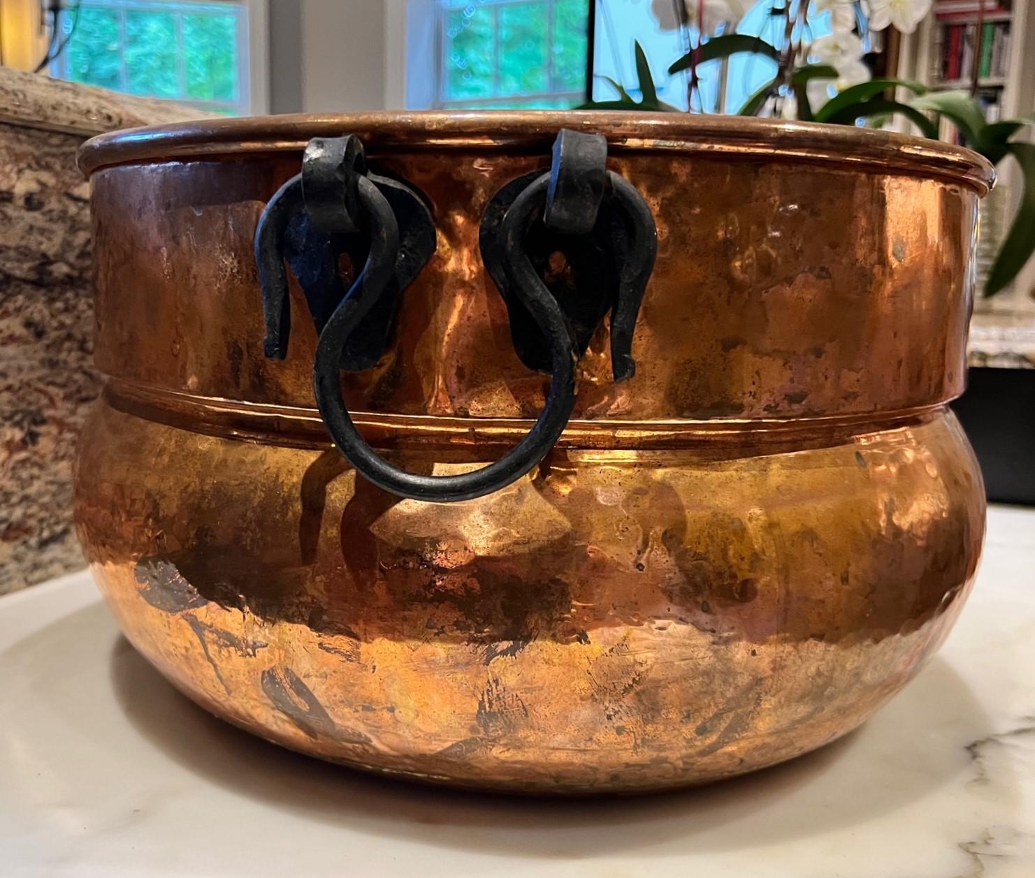 Brass Large Late 19th Century Copper Jardiniere with Wrought Iron Snake Handles