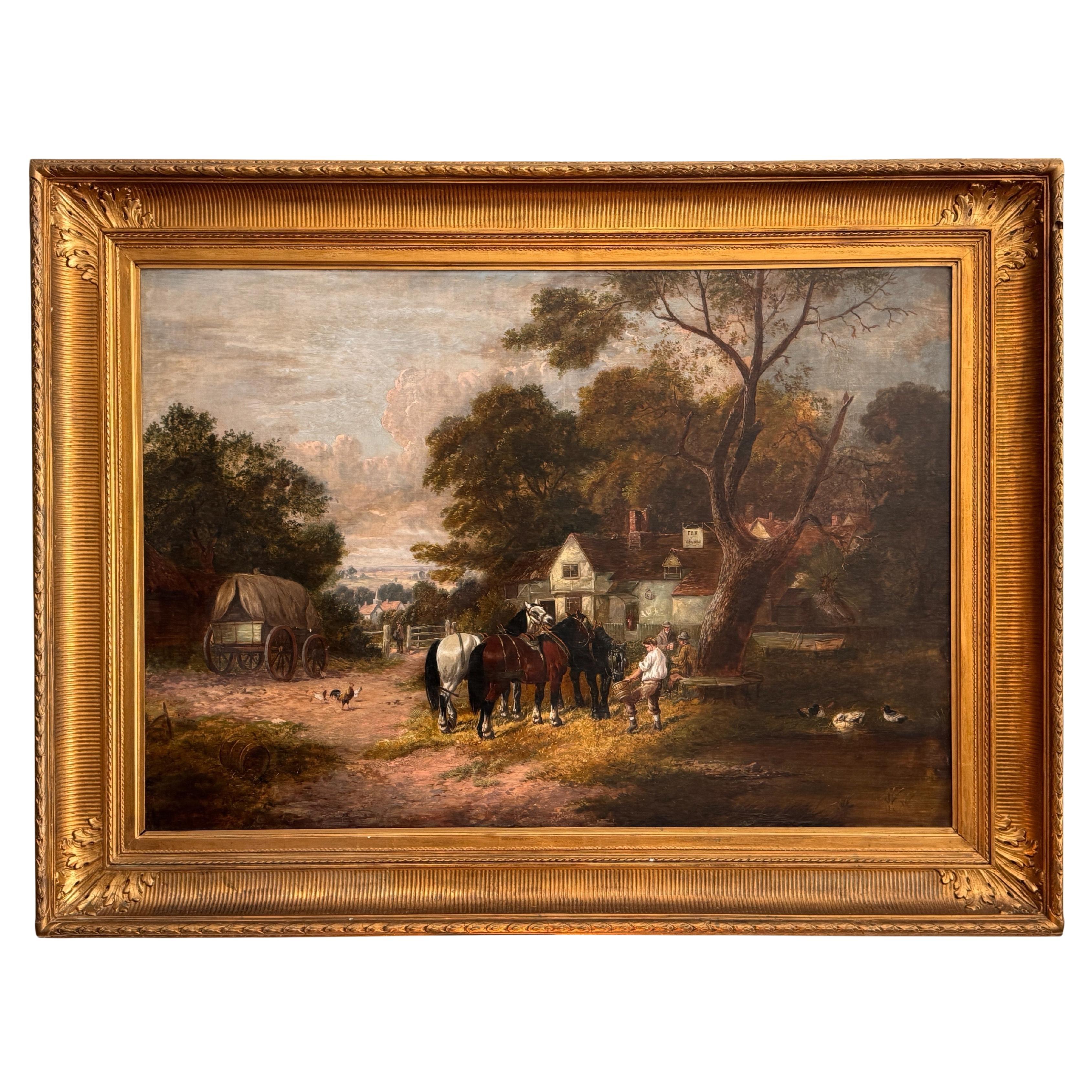 Grande dipinto di paesaggio a olio inglese della fine del XIX secolo