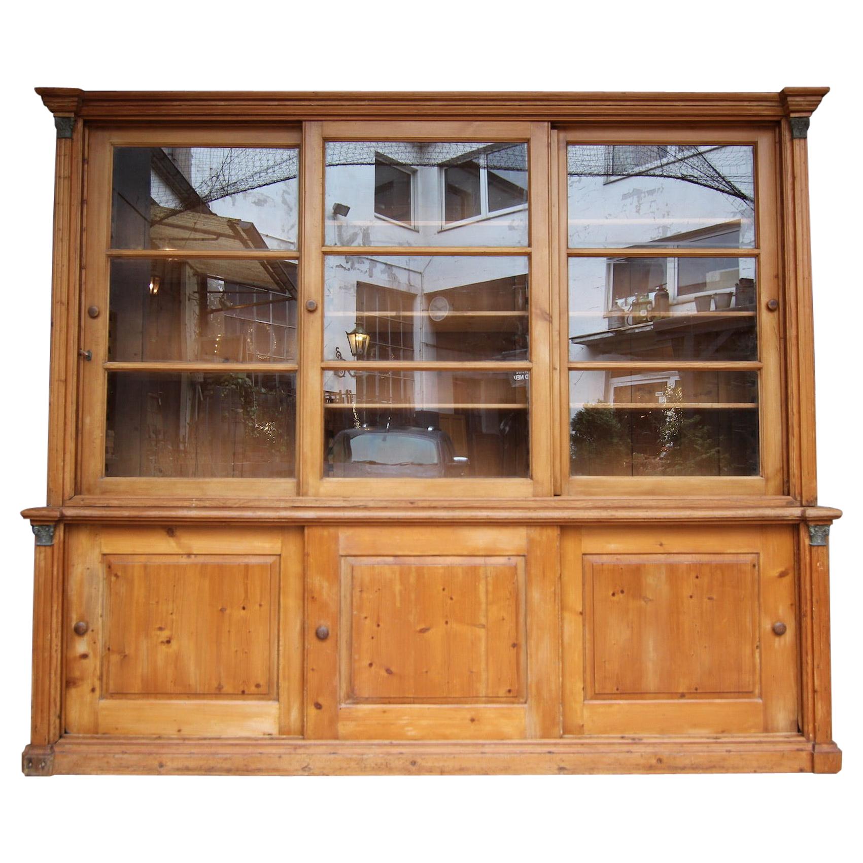 Large Late 19th Century English Pine Shop Display Cabinet with Sliding Doors