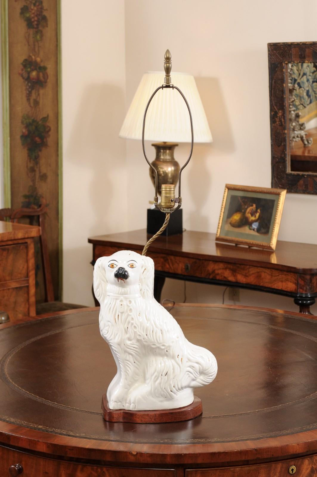Large Late 19th Century English Staffordshire Dog wired as a lamp on Custom Wooden Base.